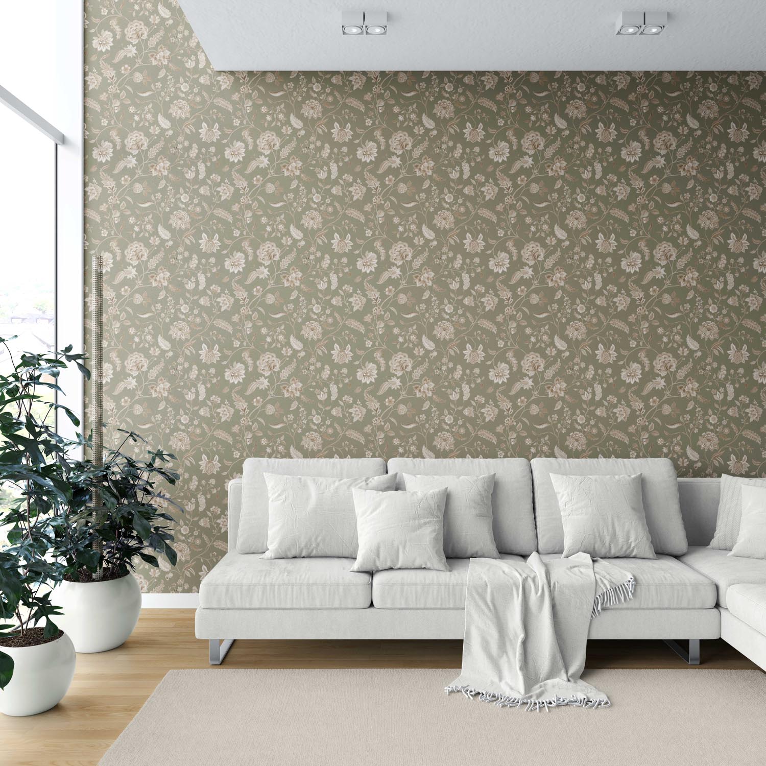 Floral/ Botanical Patterned Shower Toilet Wallpaper (Olive Green/ Beige)