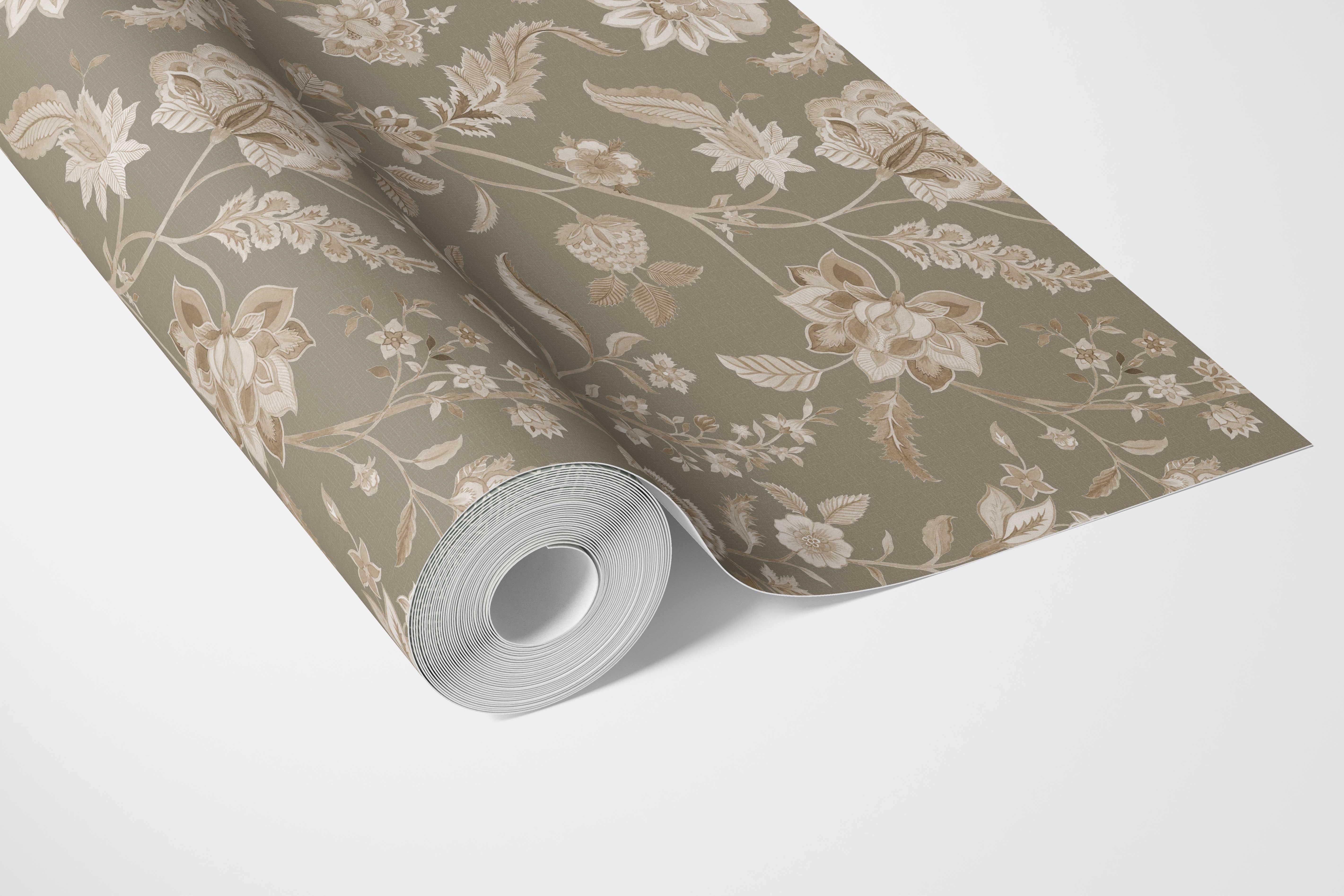 Floral/ Botanical Patterned Bathroom Wallpaper (Olive Green/ Brown/ Beige)