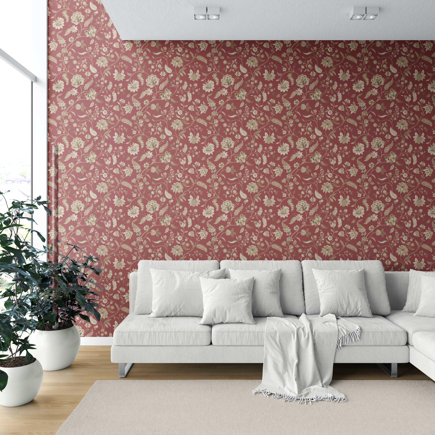 Floral/ Botanical Patterned Shower Toilet Wallpaper (Red/ Maroon/ Beige)