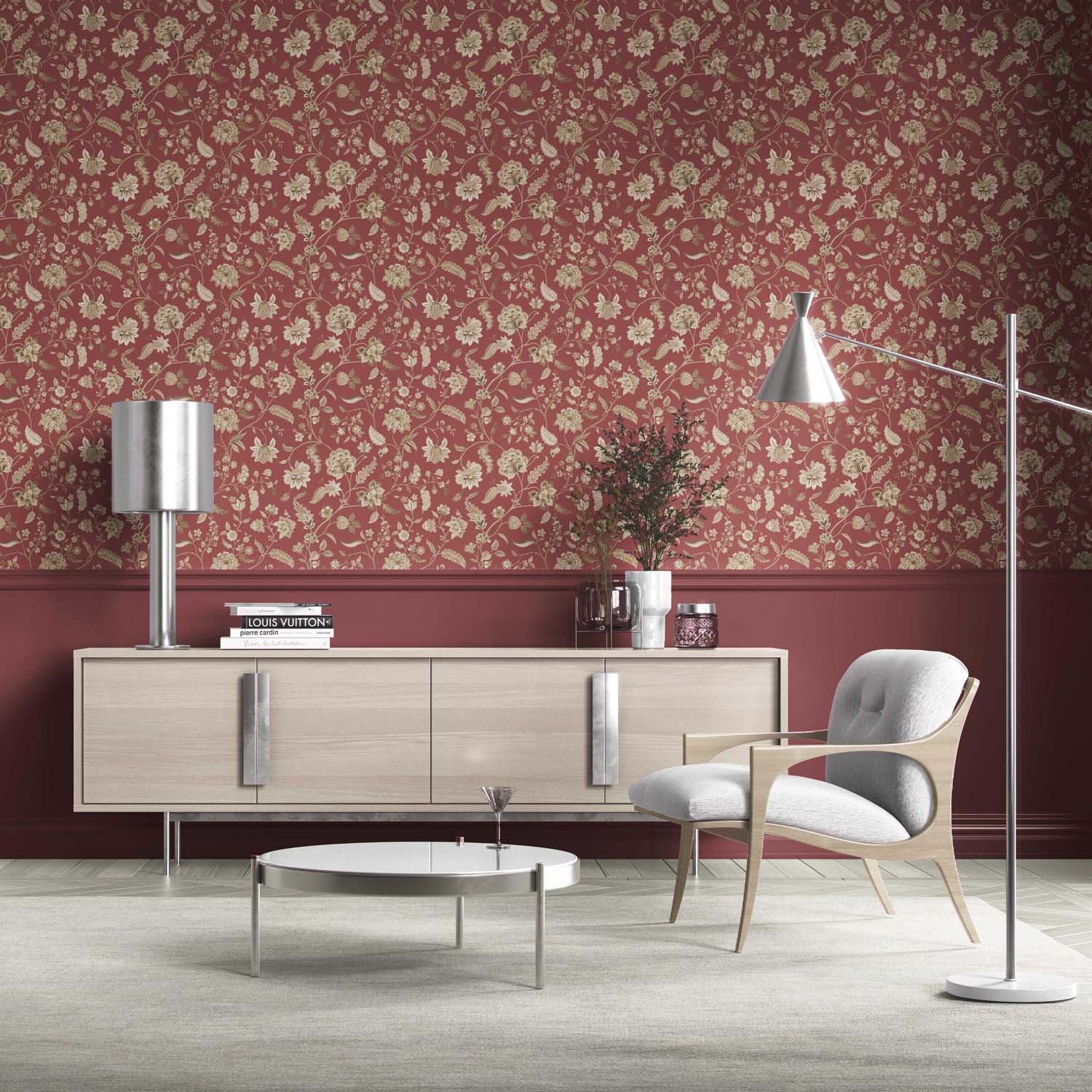 Floral/ Botanical Patterned Kitchen Wallpaper (Red/ Maroon/ Beige)