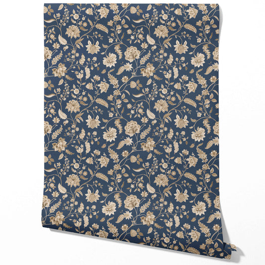 Floral/ Botanical Patterned Traditional Wallpaper Sample (Navy Blue/ Beige)