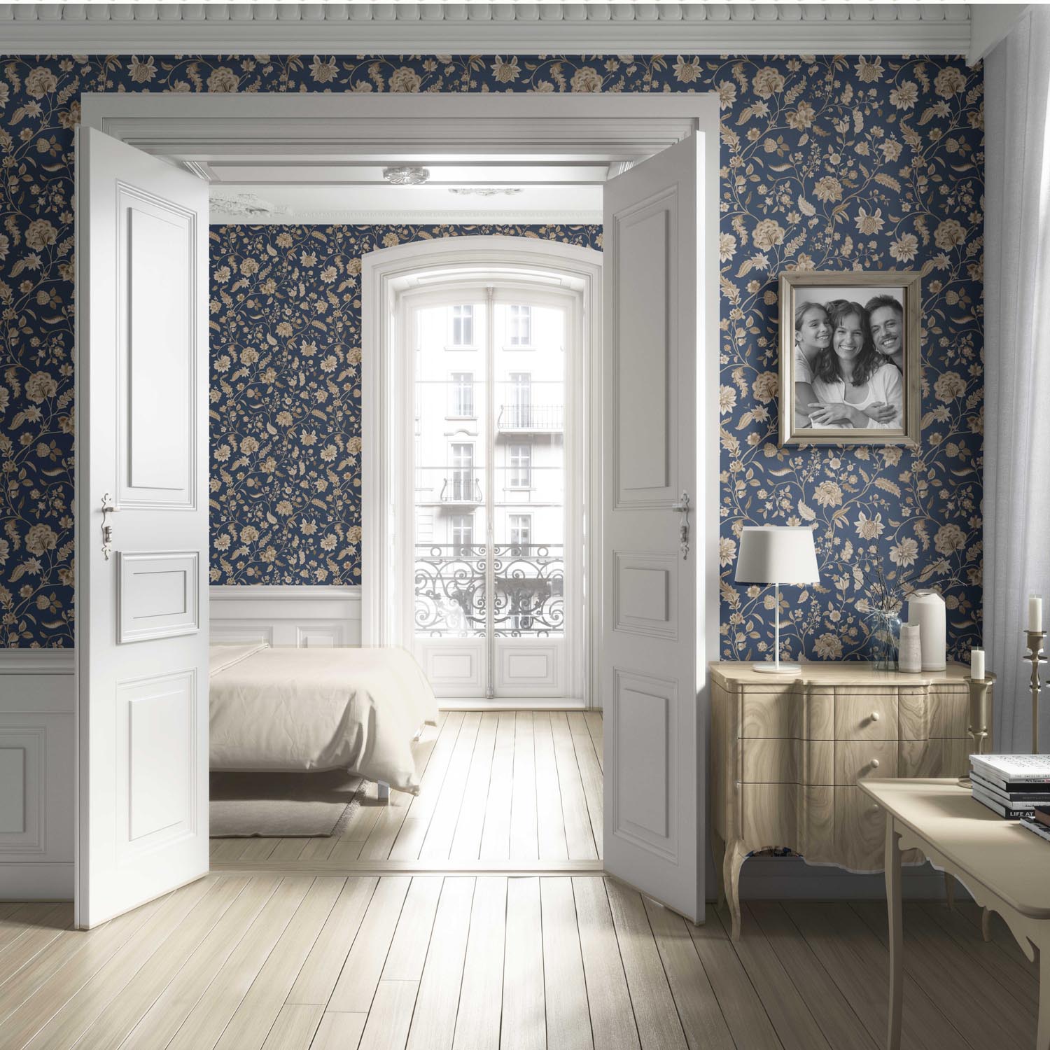 Floral/ Botanical Patterned Living Room Wallpaper (Navy Blue/ Beige)