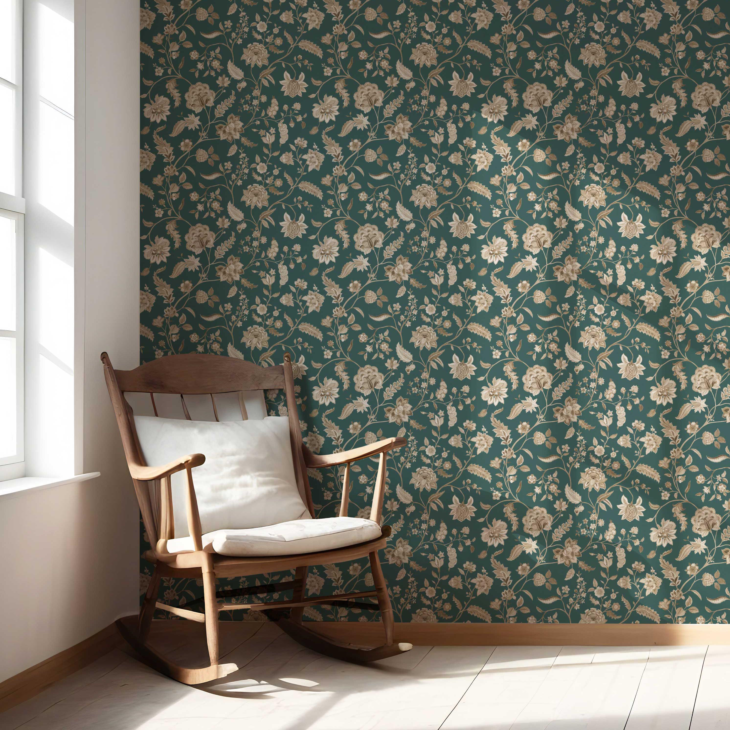 Floral/ Botanical Patterned Nursery Wallpaper Sample (Emerald Green/ Beige)