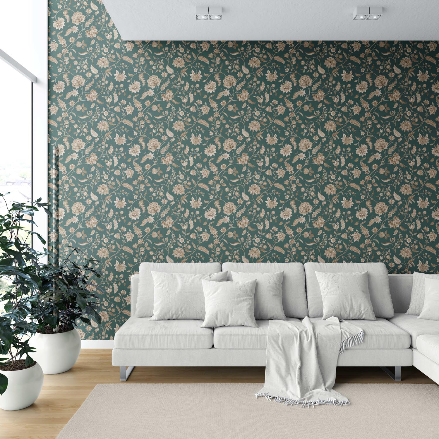 Floral/ Botanical Patterned Shower Toilet Wallpaper (Emerald Green/ Beige)