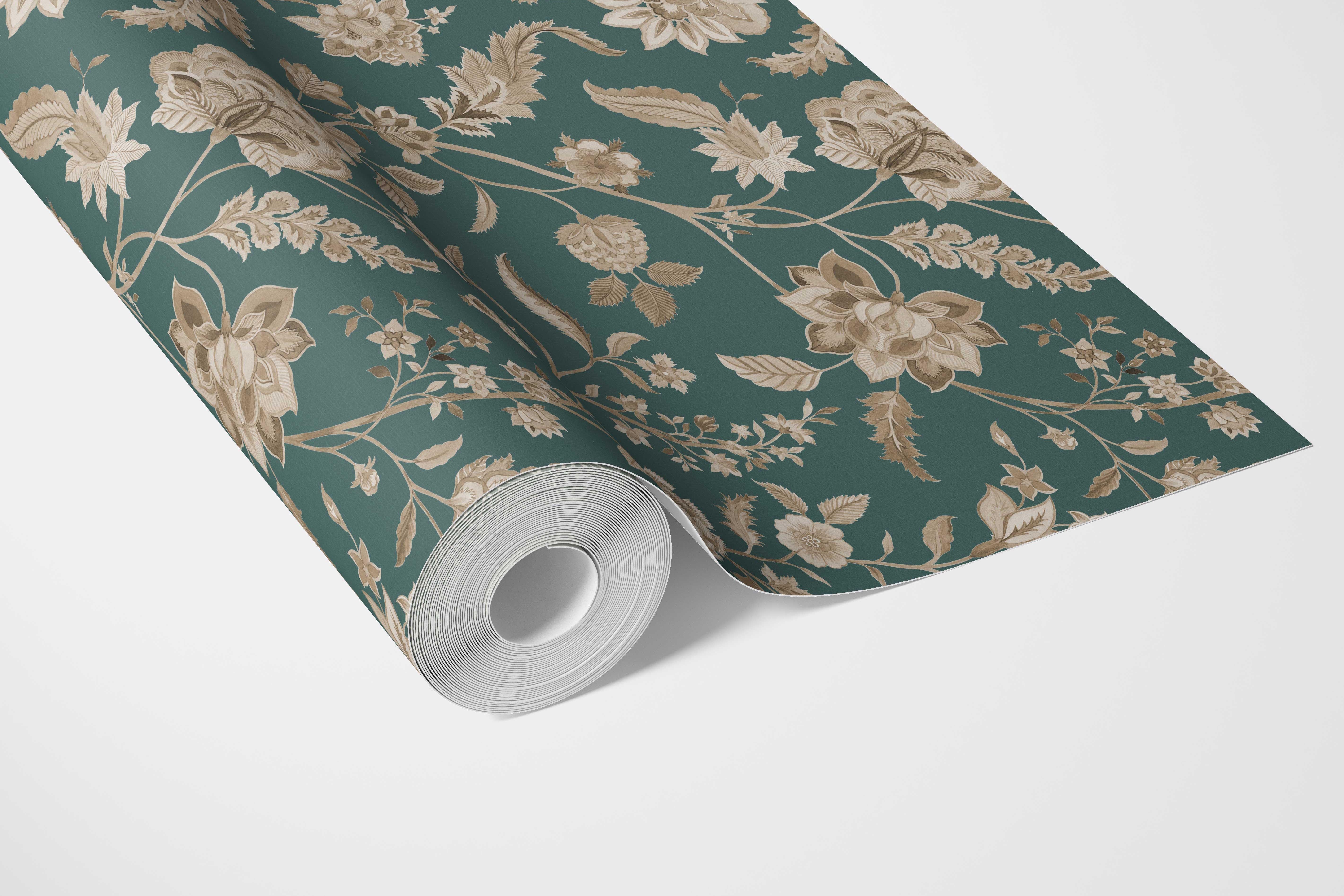 Floral/ Botanical Patterned Bathroom Wallpaper (Emerald Green/ Beige)