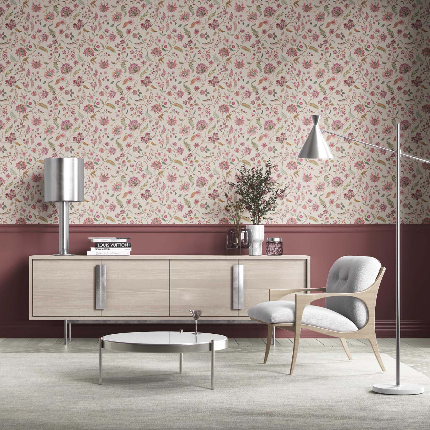 Floral/ Botanical Patterned Kitchen Wallpaper (Pink/ Green/ Blue/ Soft Taupe)