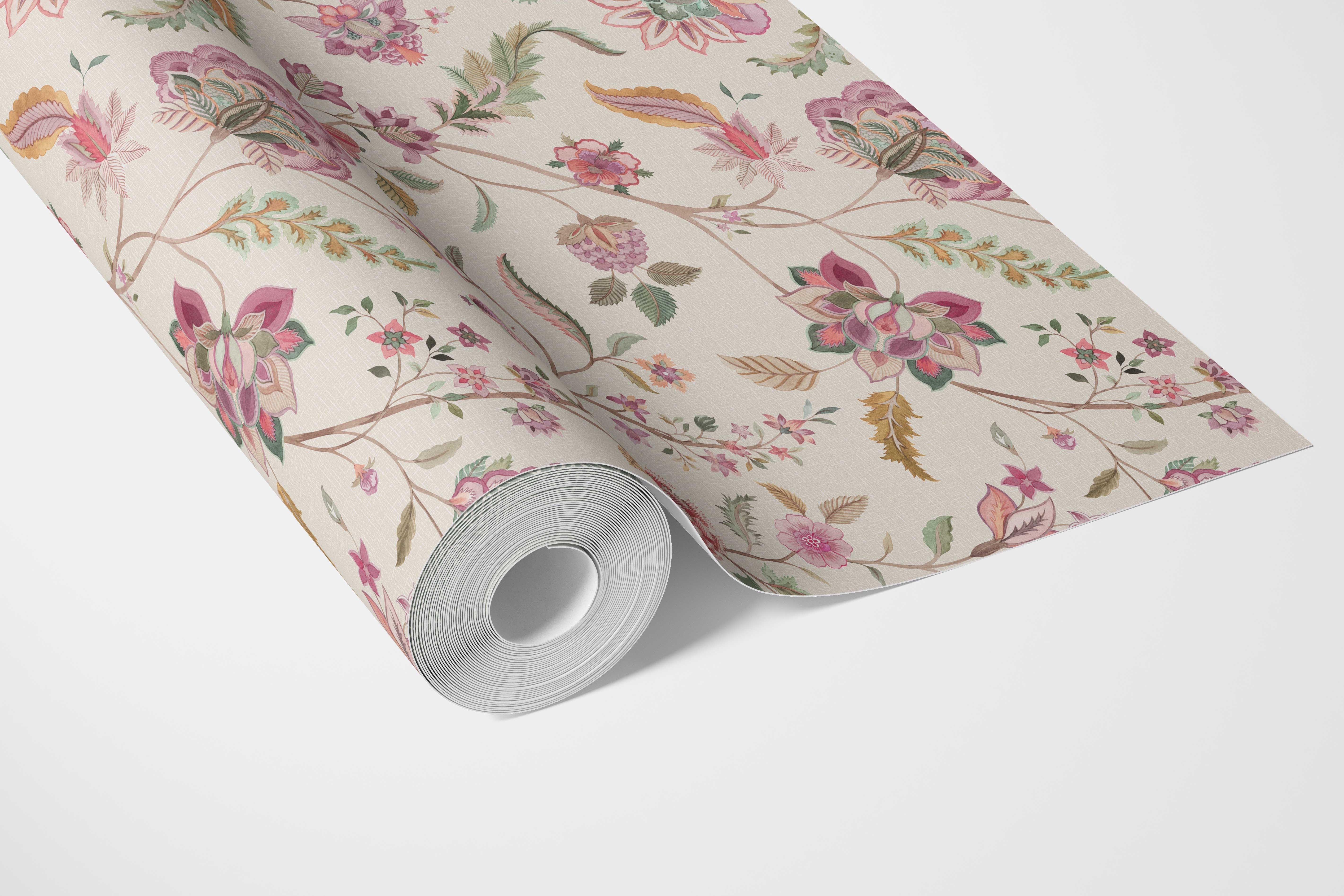 Floral/ Botanical Patterned Bathroom Wallpaper (Pink/ Green/ Blue/ Soft Taupe)