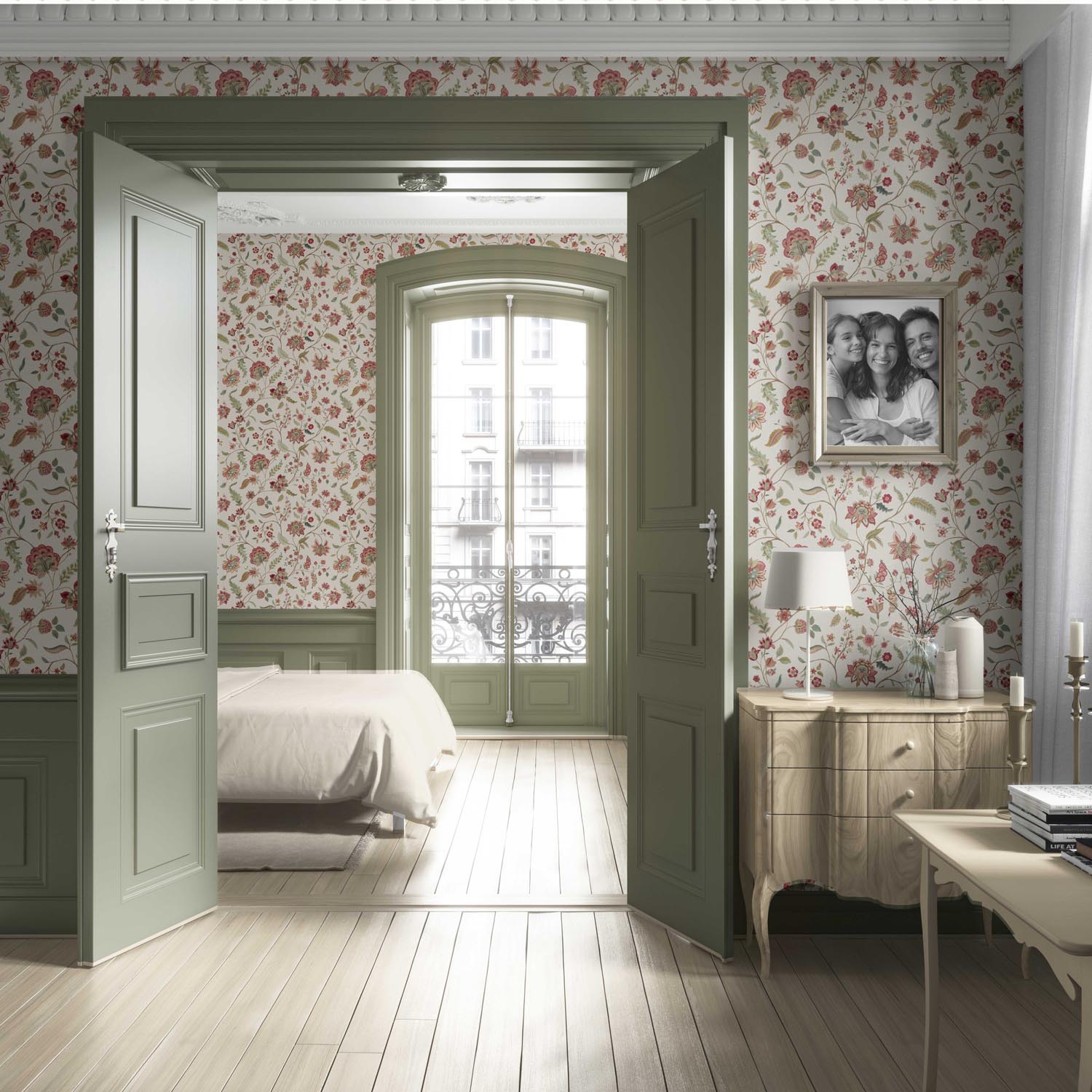 Floral/ Botanical Patterned Living Room Wallpaper Sample (Red/ Green/ Soft Taupe)