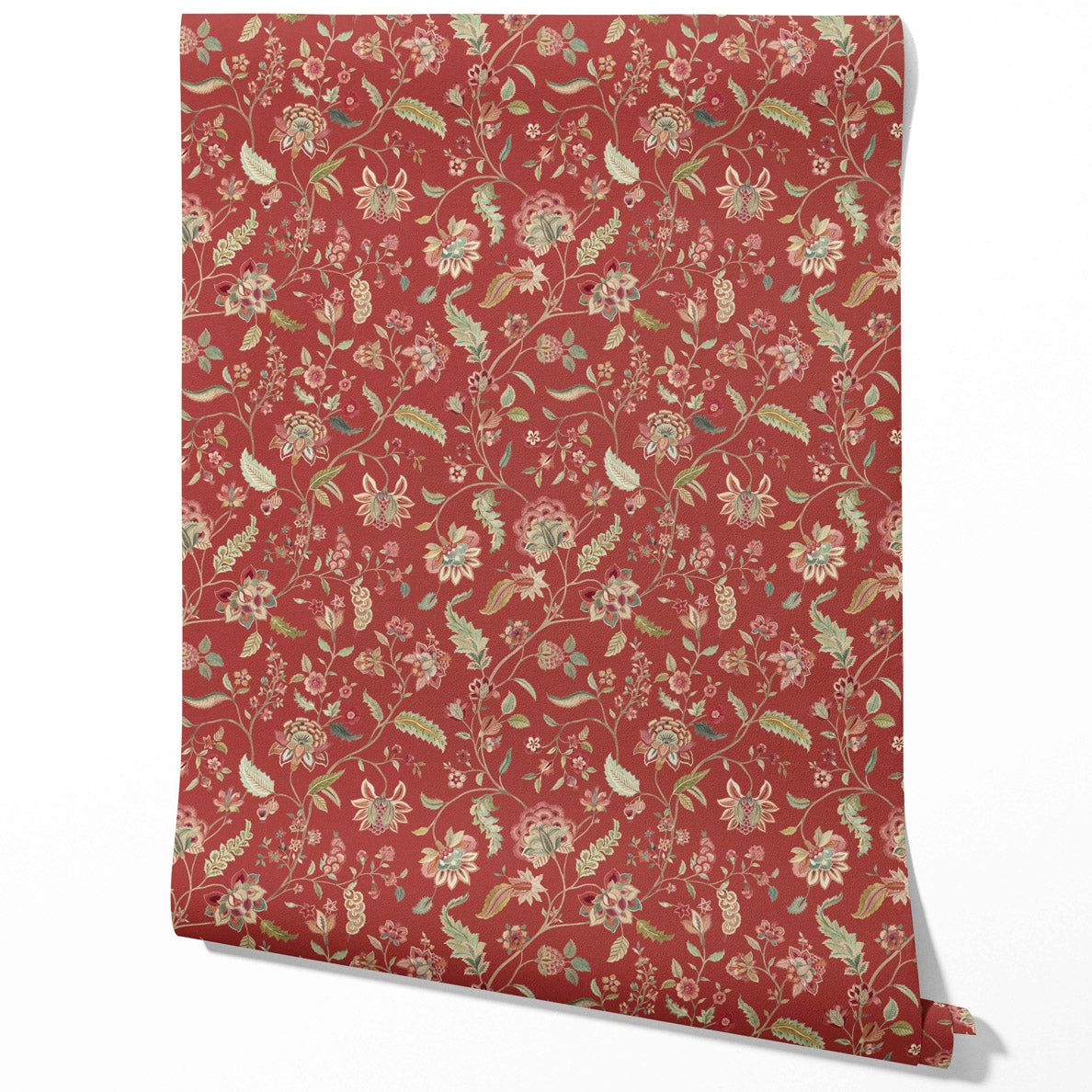 Floral/ Botanical Patterned Traditional Wallpaper (Deep Red/ Green)