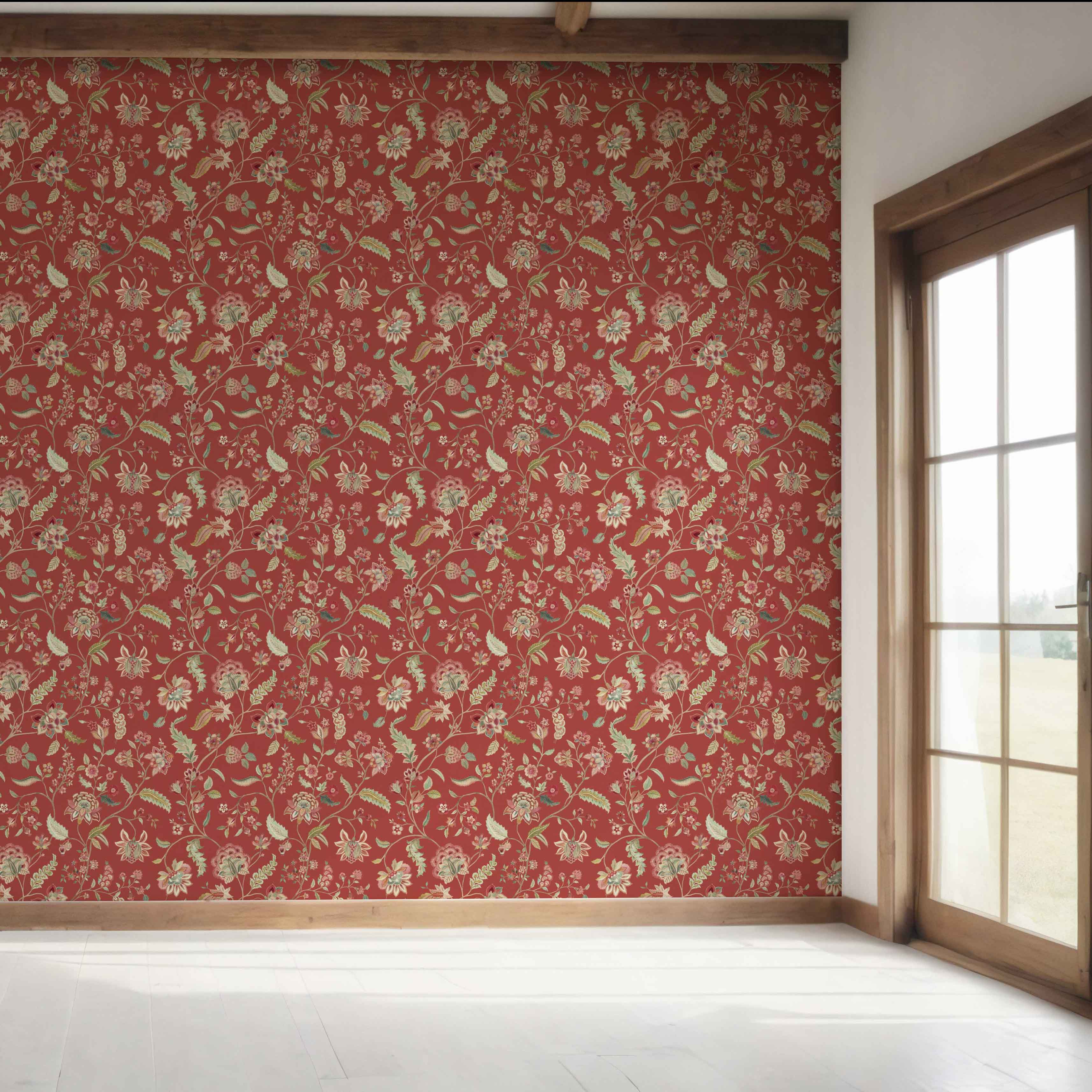 Floral/ Botanical Patterned Bedroom Wallpaper (Deep Red/ Green)