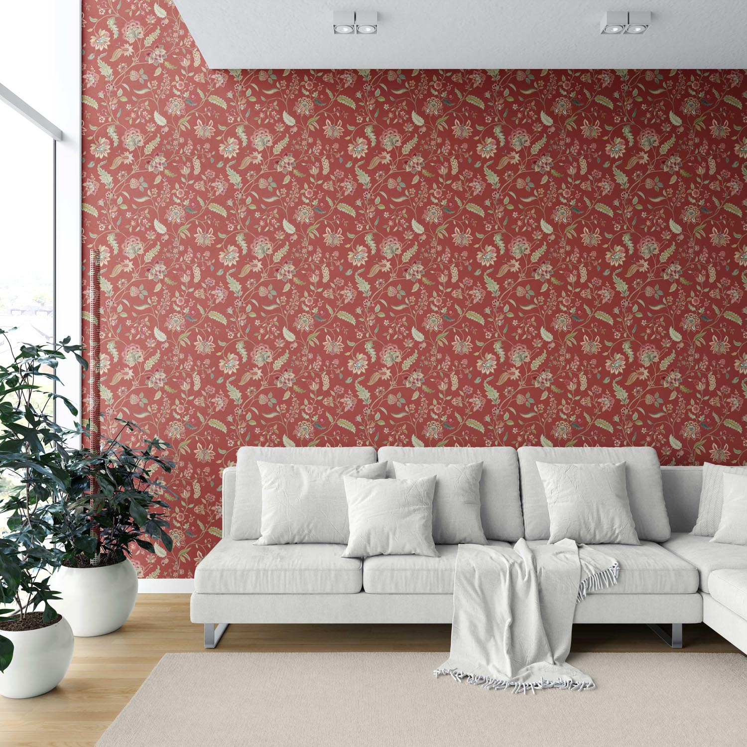 Floral/ Botanical Patterned Shower Toilet Wallpaper (Deep Red/ Green)