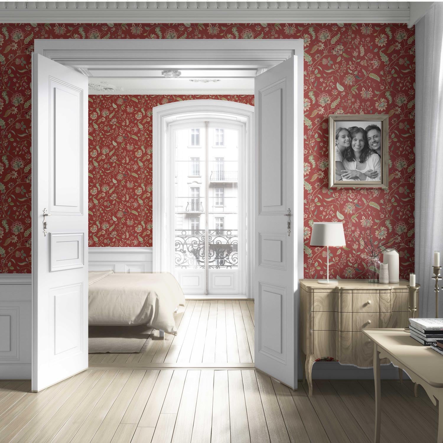 Floral/ Botanical Patterned Living Room Wallpaper Sample (Deep Red/ Green)