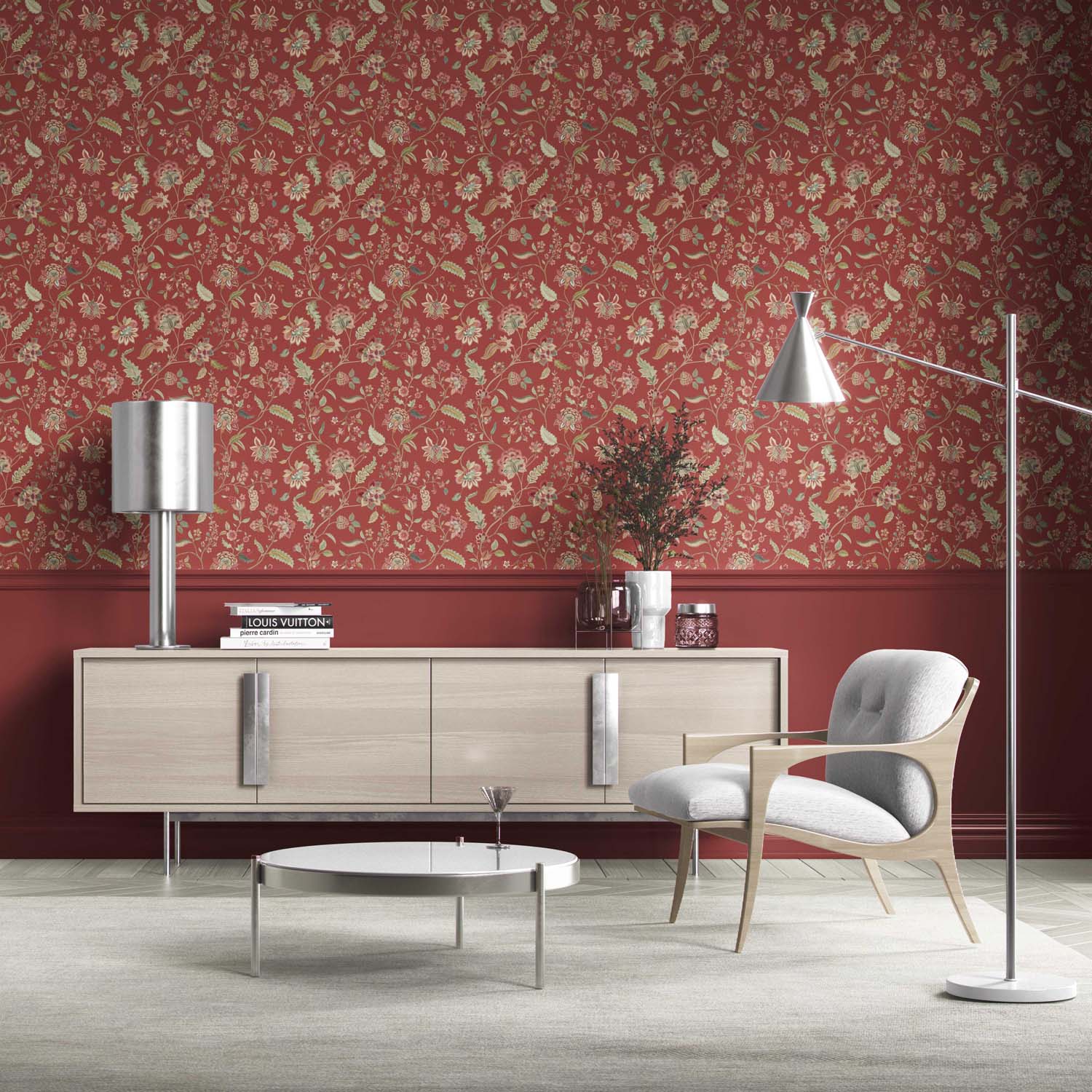 Floral/ Botanical Patterned Kitchen Wallpaper (Deep Red/ Green)