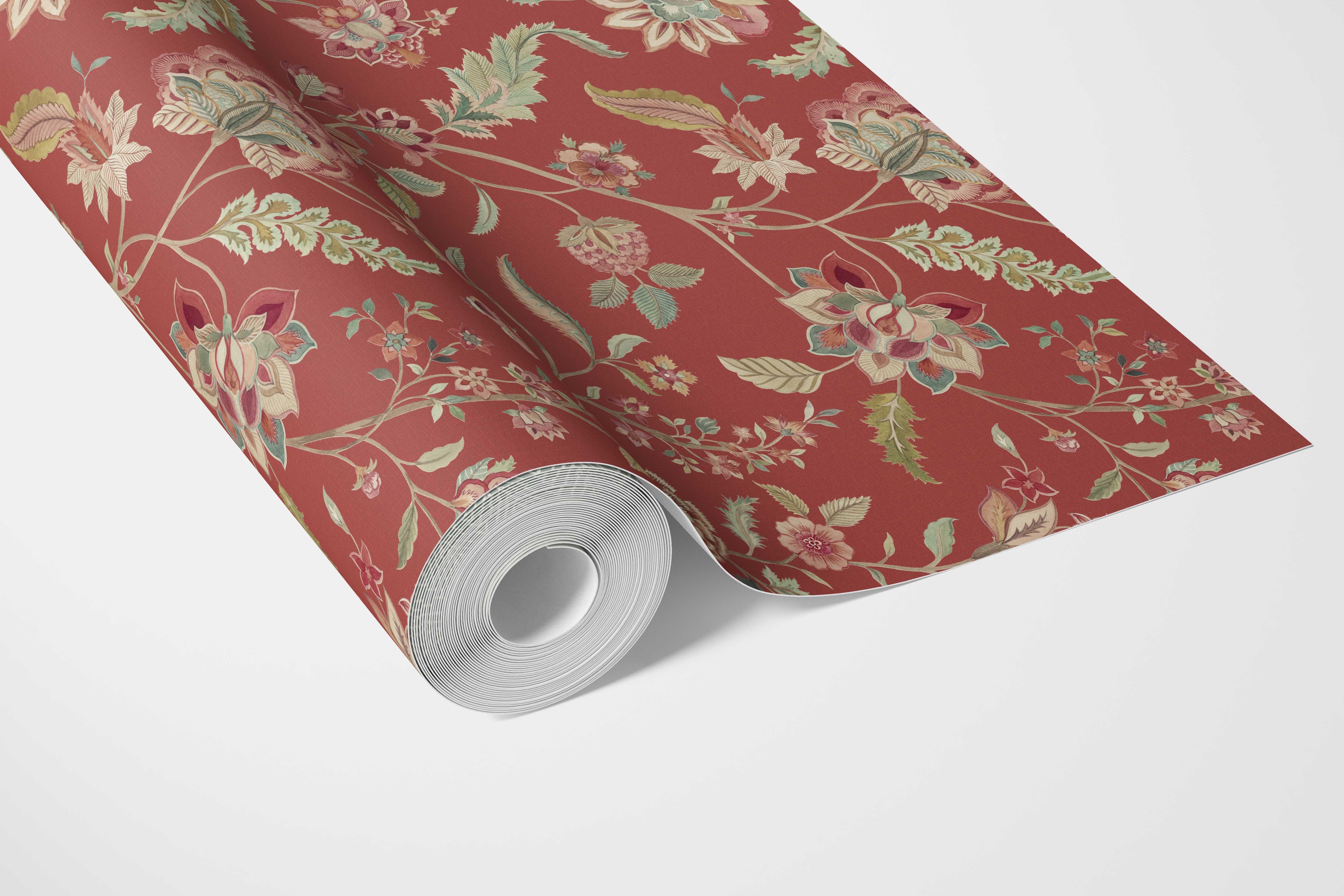 Floral/ Botanical Patterned Bathroom Wallpaper (Deep Red/ Green)