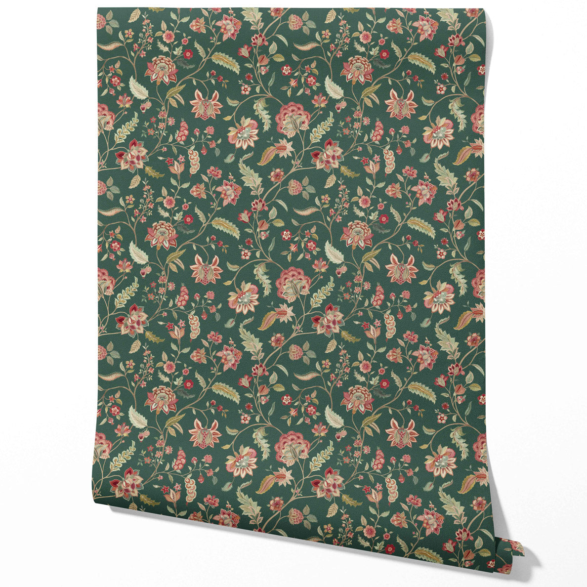 Floral/ Botanical Patterned Traditional Wallpaper Sample (Green/ Red/ Pink)