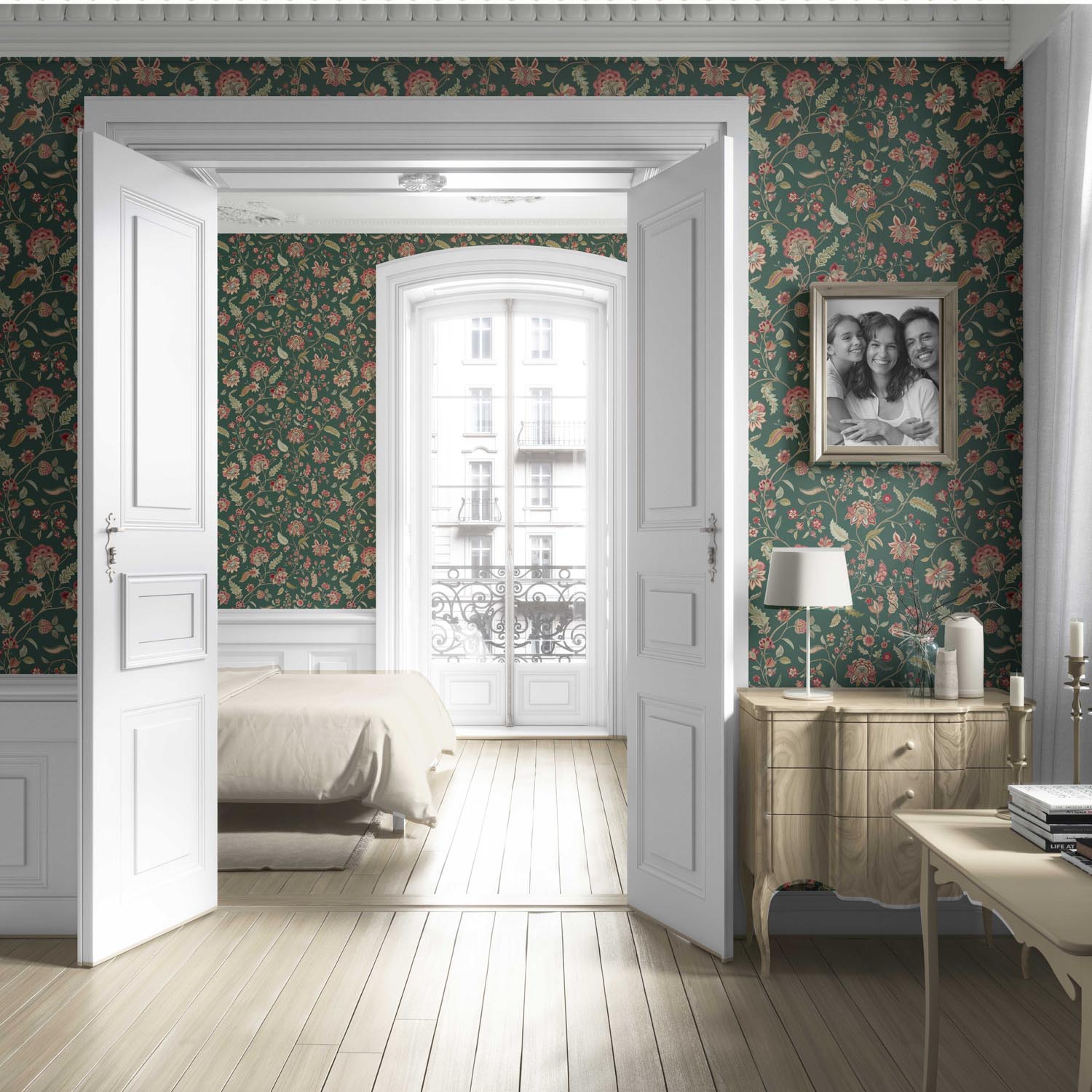 Floral/ Botanical Patterned Living Room Wallpaper Sample (Green/ Red/ Pink)