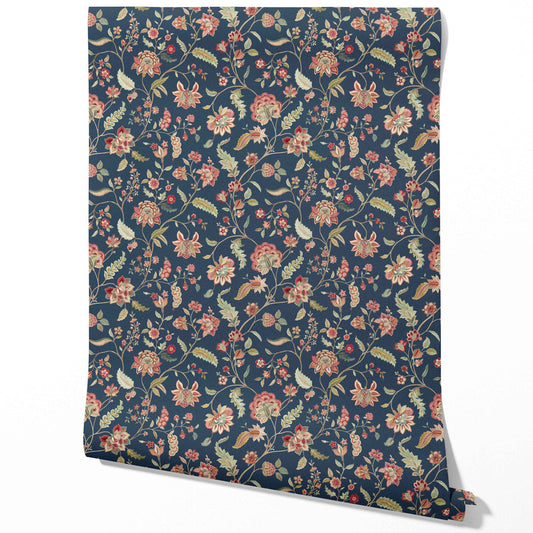 Floral/ Botanical Patterned Traditional Wallpaper Sample (Navy Blue/ Red/ Pink/ Green)