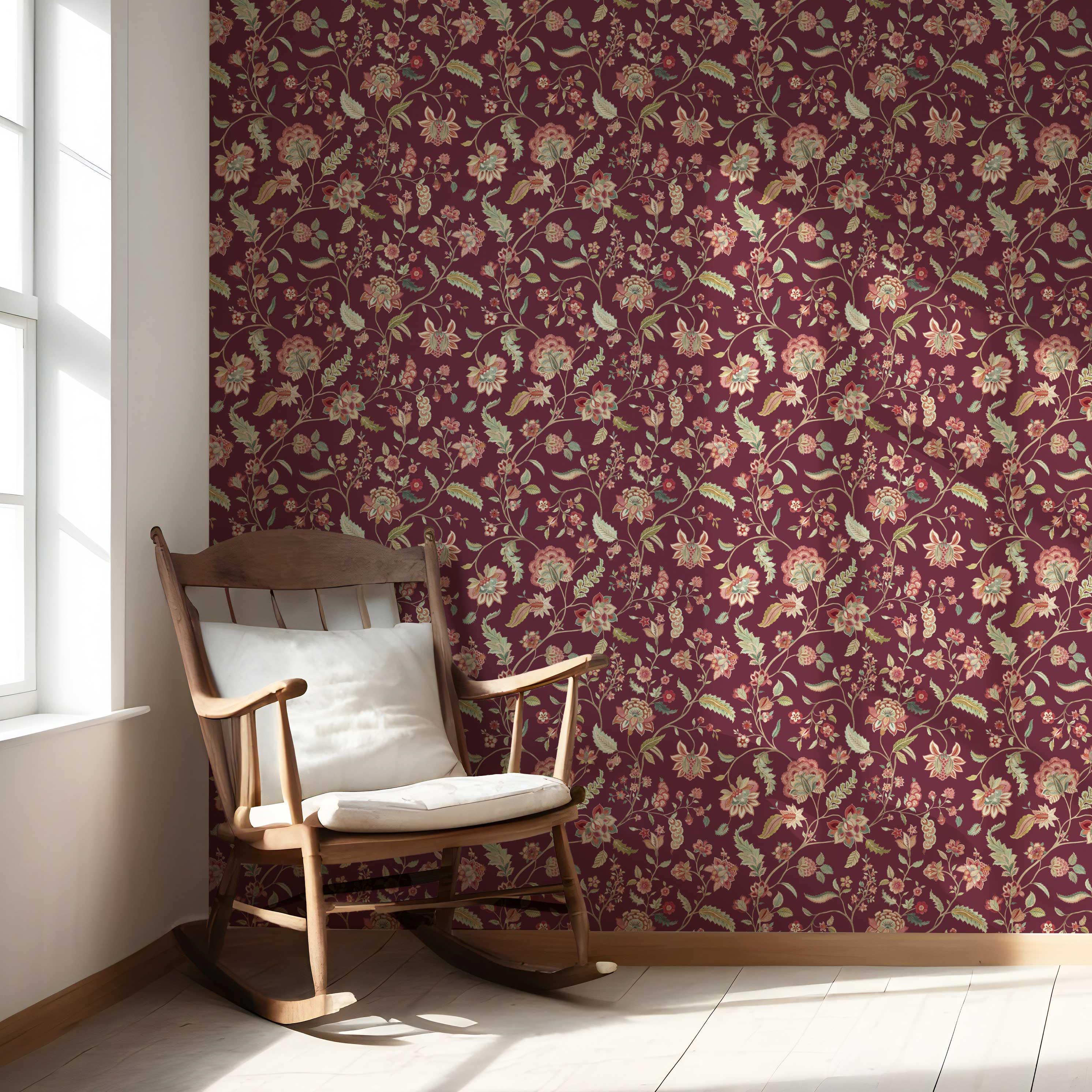 Floral/ Botanical Patterned Nursery Wallpaper Sample (Deep Maroon/ Burgundy/ Pink/ Green)