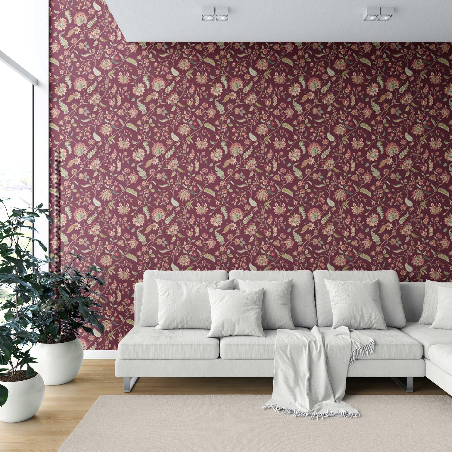 Floral/ Botanical Patterned Shower Toilet Wallpaper (Deep Maroon/ Burgundy/ Pink/ Green)