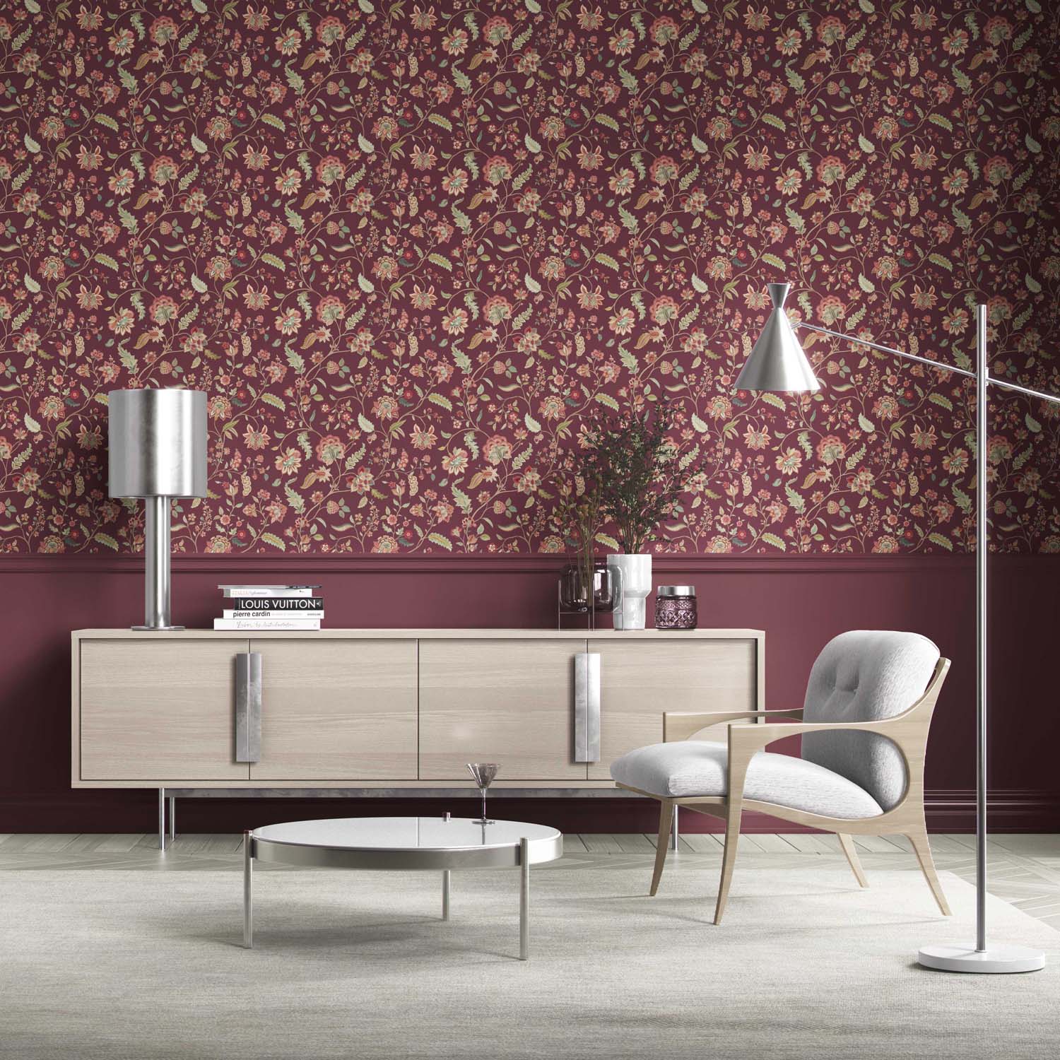 Floral/ Botanical Patterned Kitchen Wallpaper Sample (Deep Maroon/ Burgundy/ Pink/ Green)