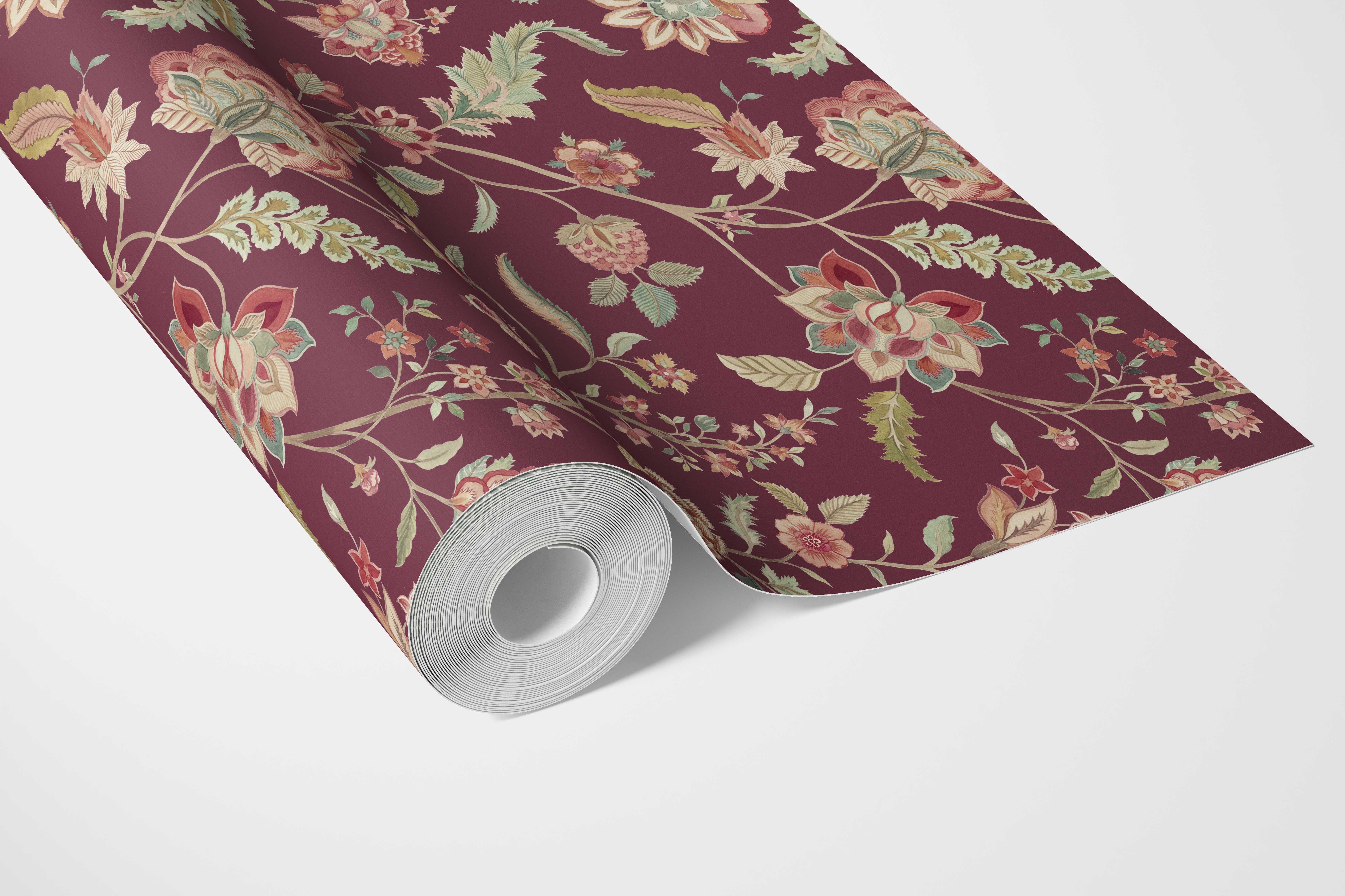 Floral/ Botanical Patterned Bathroom Wallpaper (Deep Maroon/ Burgundy/ Pink/ Green)