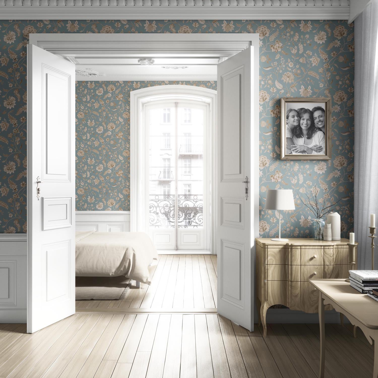 Floral Botanical Patterned Living Room Wallpaper (Blue-Gray/ Beige)