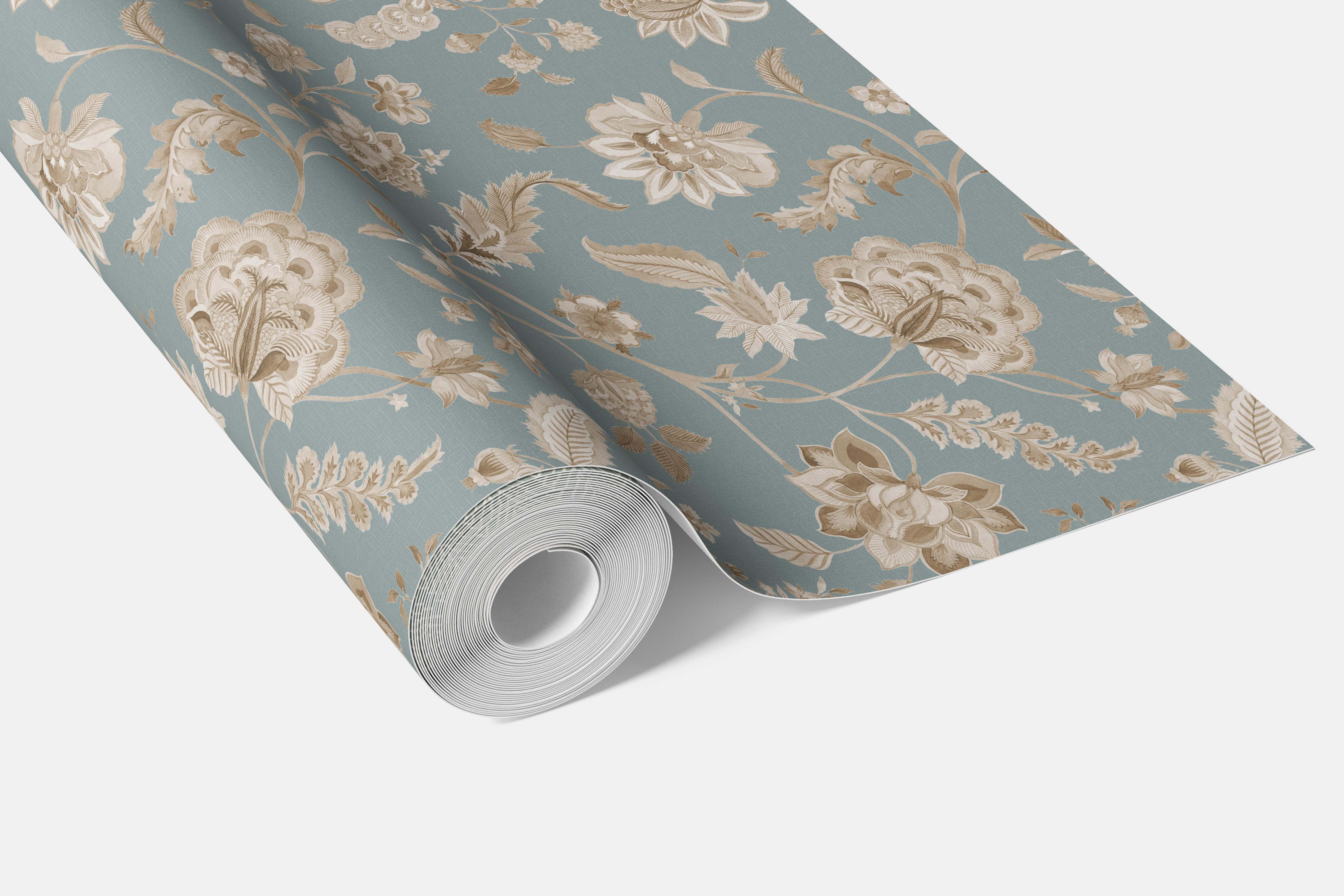 Floral Botanical Patterned Bathroom Wallpaper Sample (Blue-Gray/ Beige)