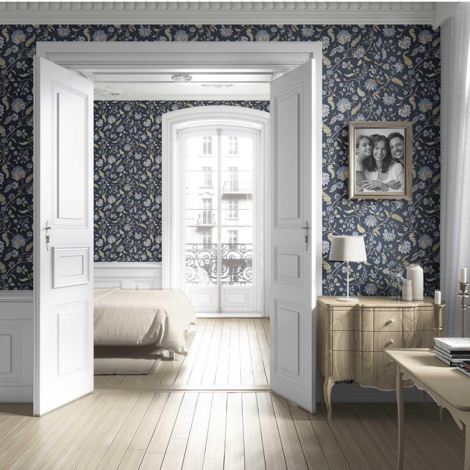 Floral/ Botanical Patterned Living Room Wallpaper Sample (Midnight Blue/ Pale Blue/ Green)