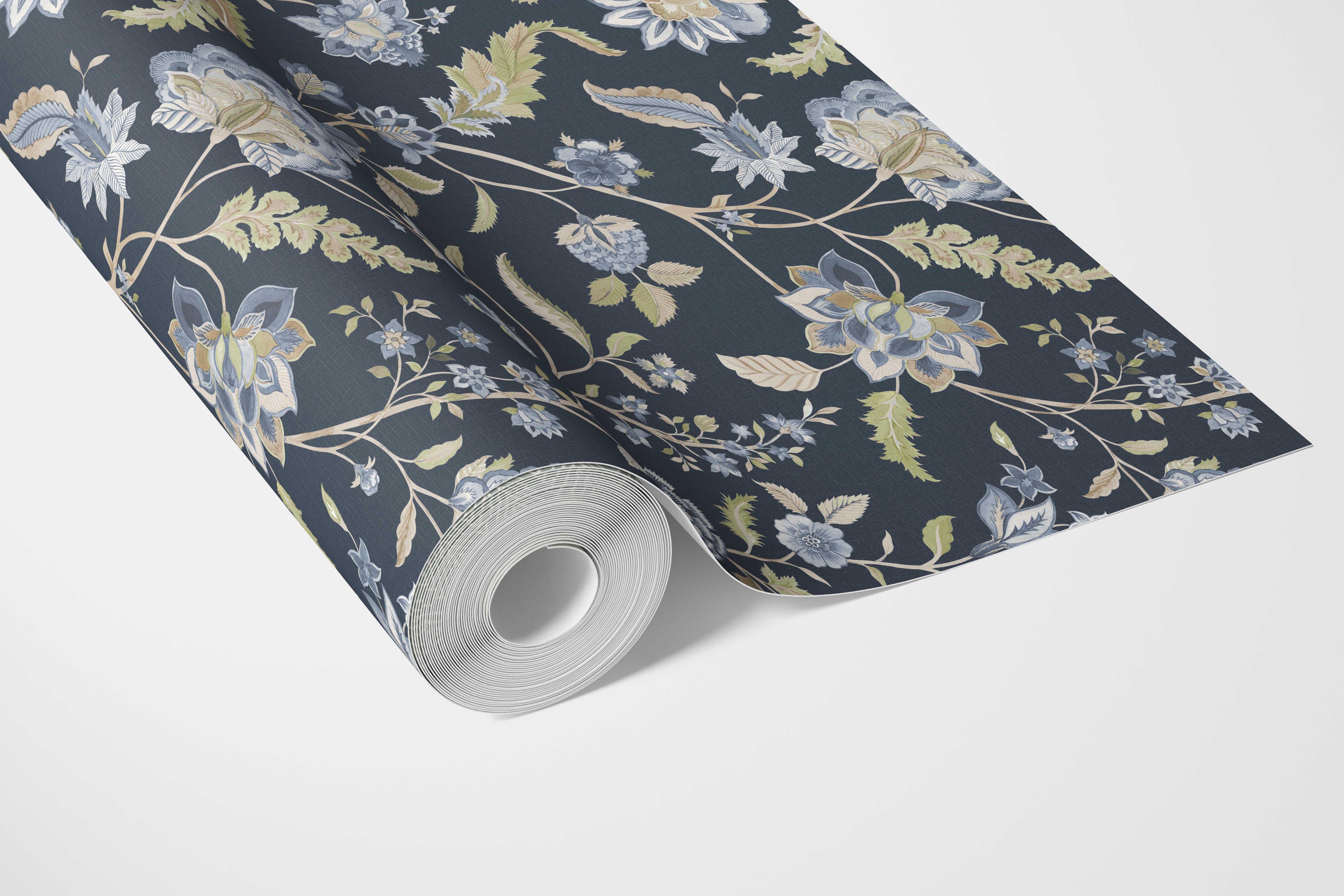 Floral/ Botanical Patterned Bathroom Wallpaper (Midnight Blue/ Pale Blue/ Green)
