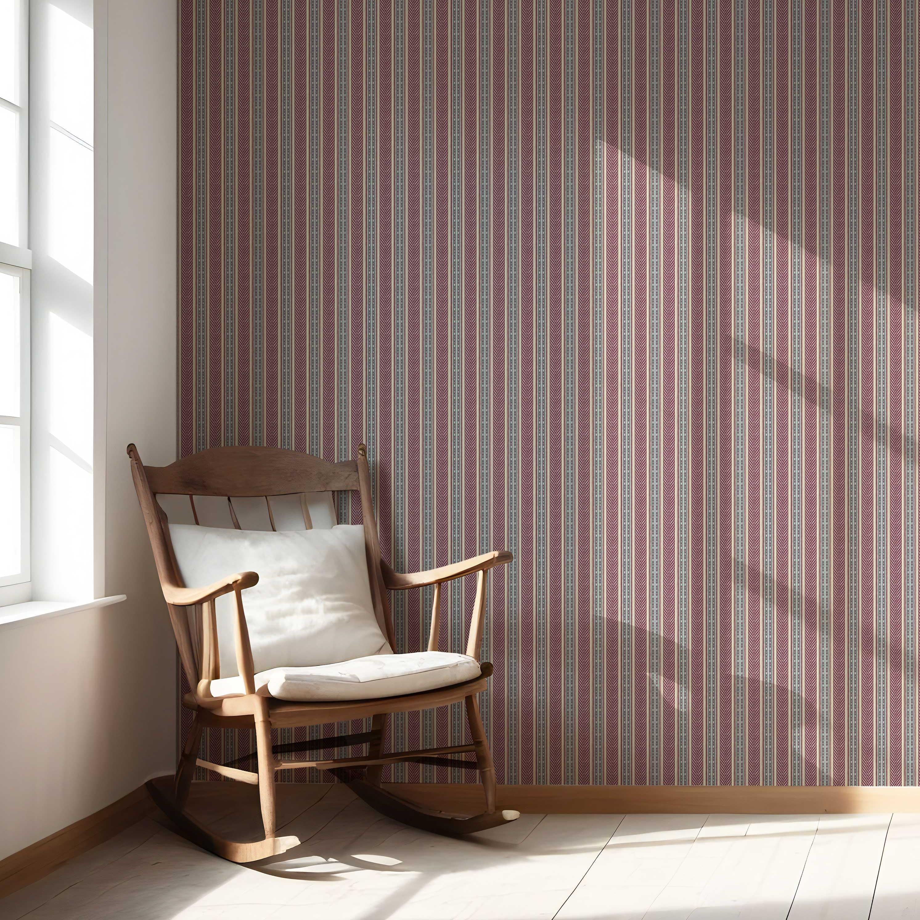 Geometric Striped Shower Toilet Wallpaper Sample (Mauve/ Pink/ Sage Gray)