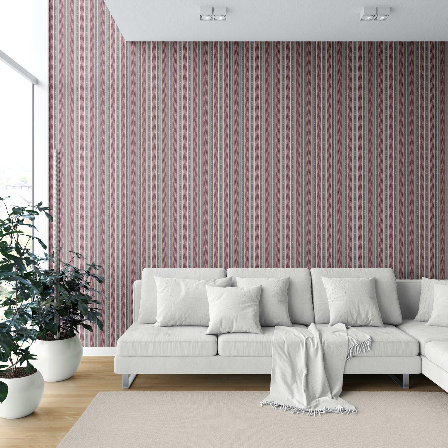 Geometric Striped Kitchen Wallpaper Sample (Mauve/ Pink/ Sage Gray)