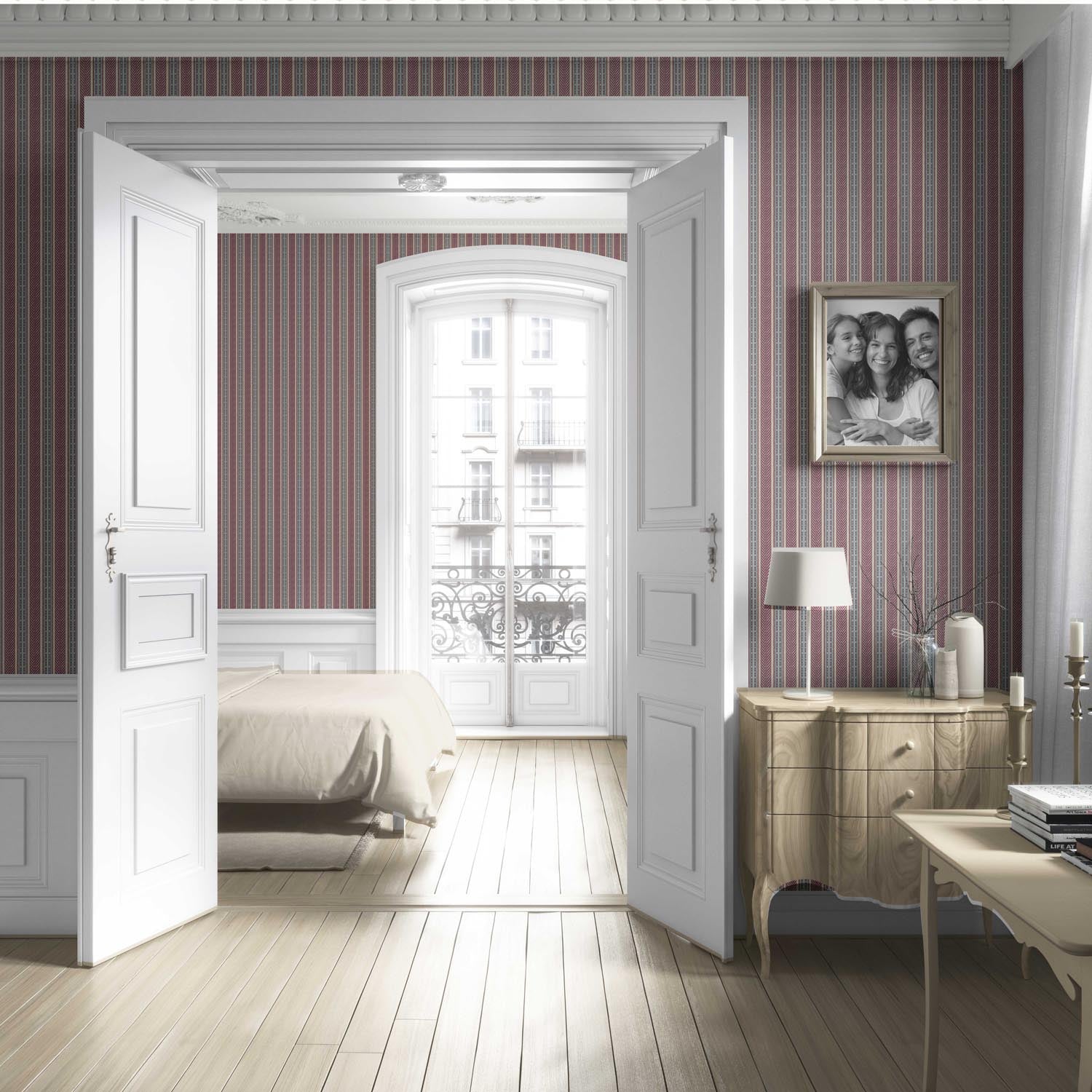 Geometric Striped Nursery Wallpaper Sample (Mauve/ Pink/ Sage Gray)