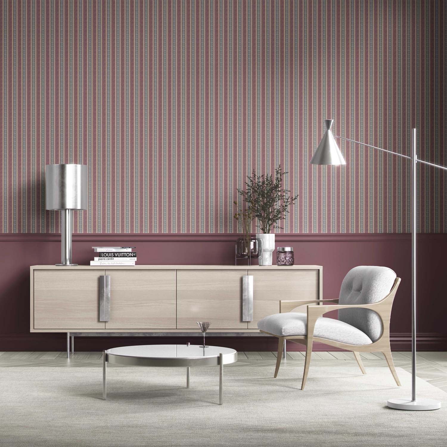 Geometric Striped Living Room Wallpaper Sample (Mauve/ Pink/ Sage Gray)