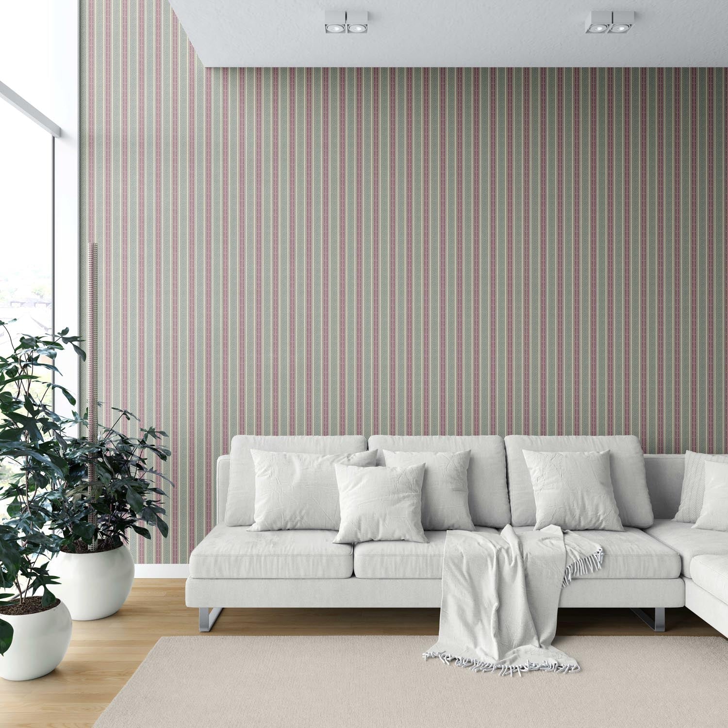Geometric Striped Kitchen Wallpaper (Deep Pink/ Green)