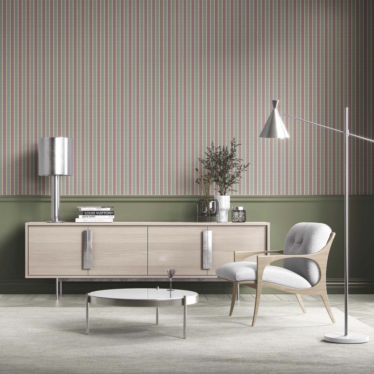 Geometric Striped Living Room Wallpaper (Deep Pink/ Green)
