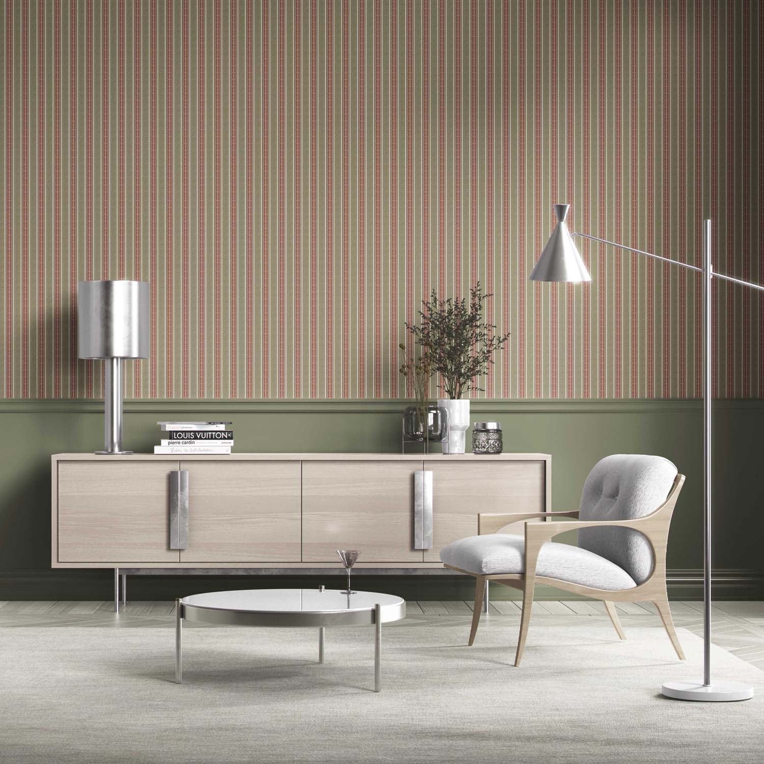 Geometric Striped Living Room Wallpaper Sample (Red/ Green)