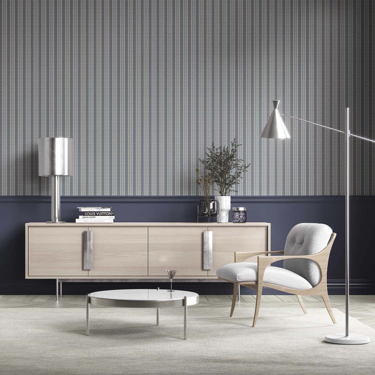 Geometric Striped Living Room Wallpaper (Navy Blue/ Steel Gray)