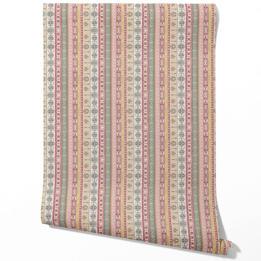 Vintage Bohemian Striped Traditional Wallpaper (Pink/ Red/ Green/ Yellow)