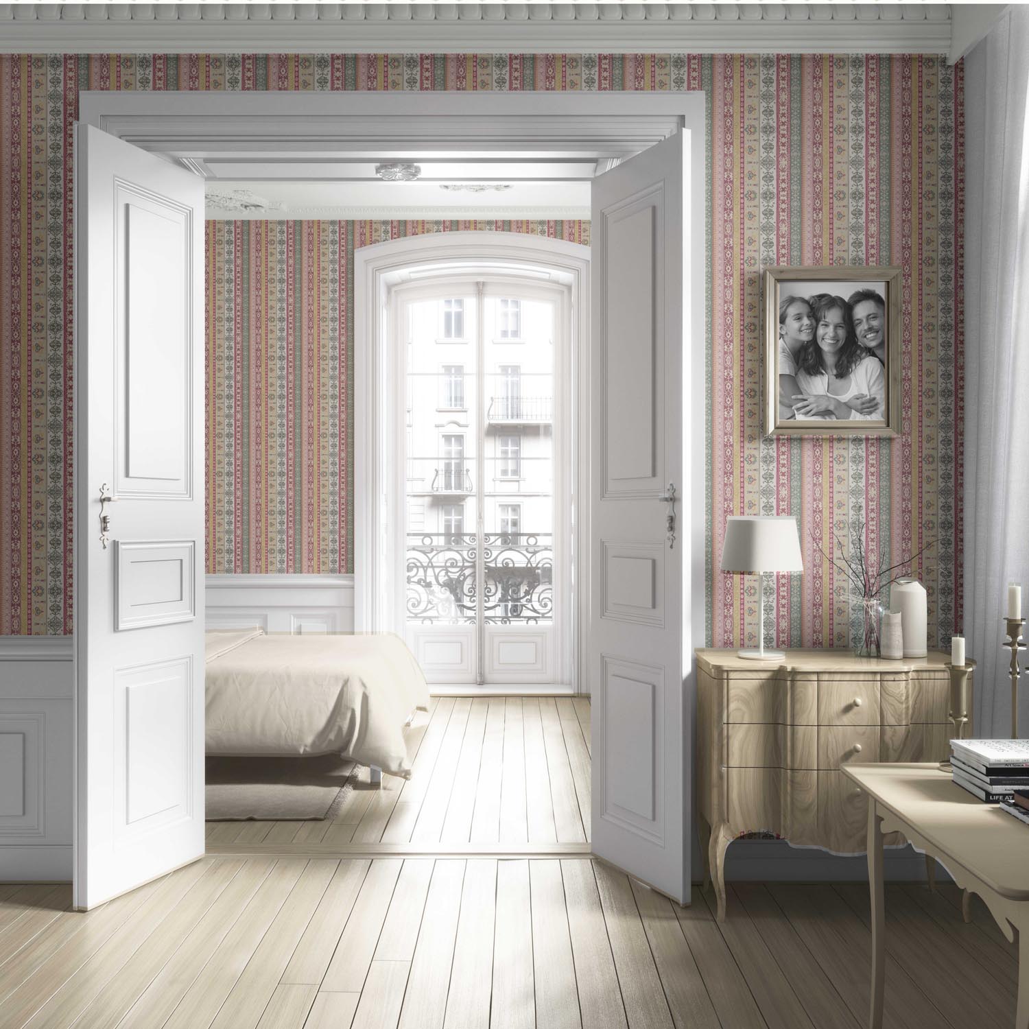 Vintage Bohemian Striped Living Room Wallpaper Sample (Pink/ Red/ Green/ Yellow)
