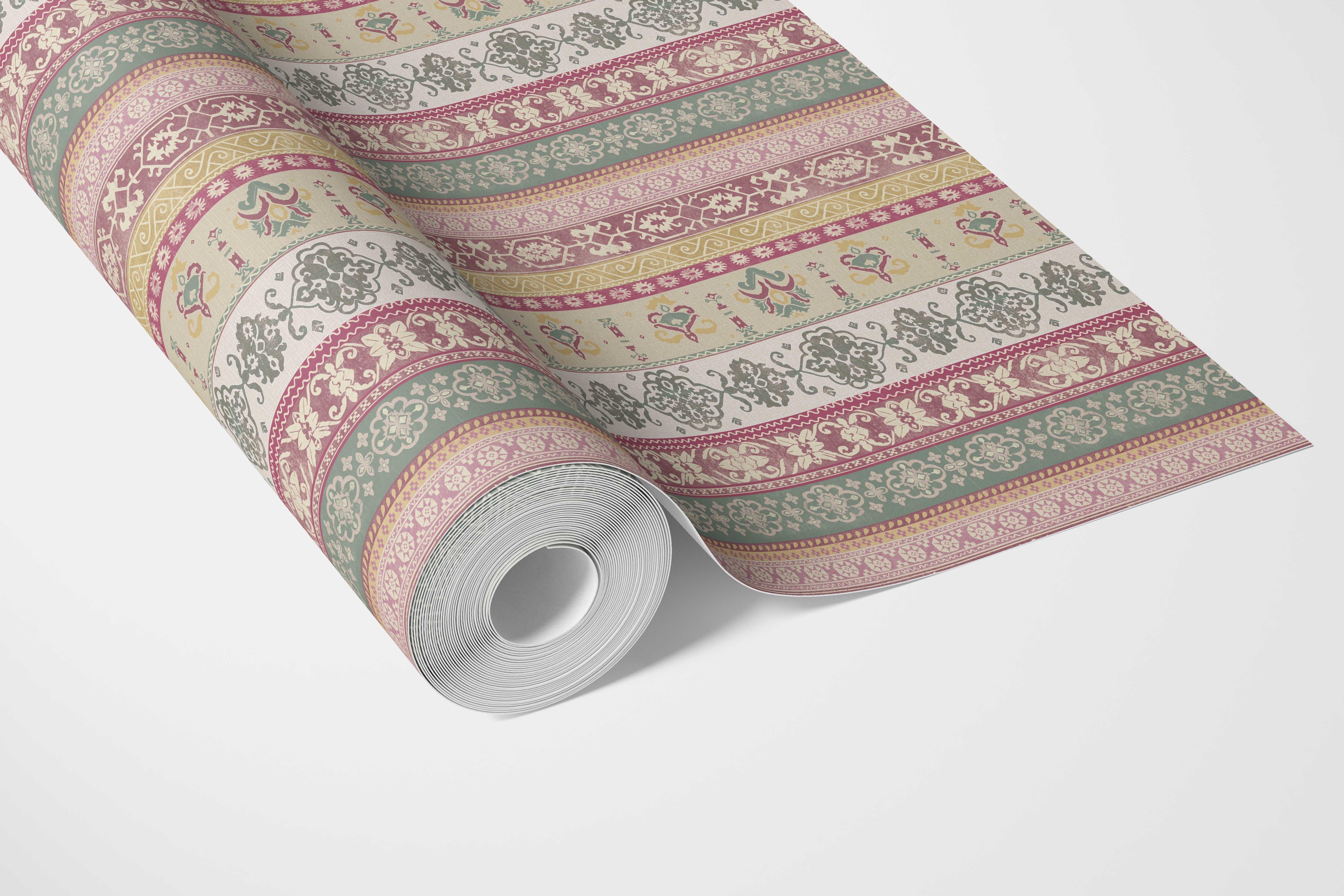 Vintage Bohemian Striped Bathroom Wallpaper Sample (Pink/ Red/ Green/ Yellow)