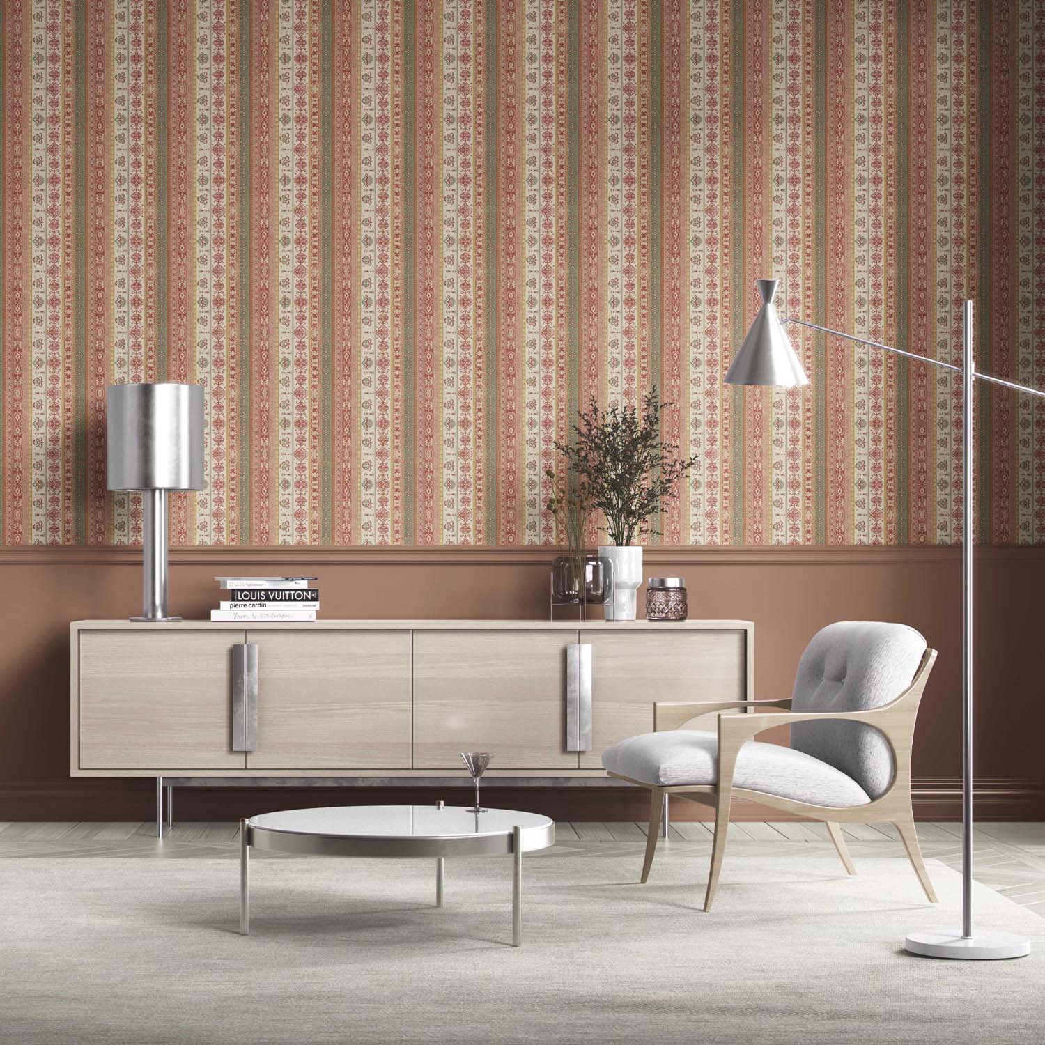 Vintage Bohemian Striped Kitchen Wallpaper Sample (Red/ Orange/ Green/ Yellow/ Brown)