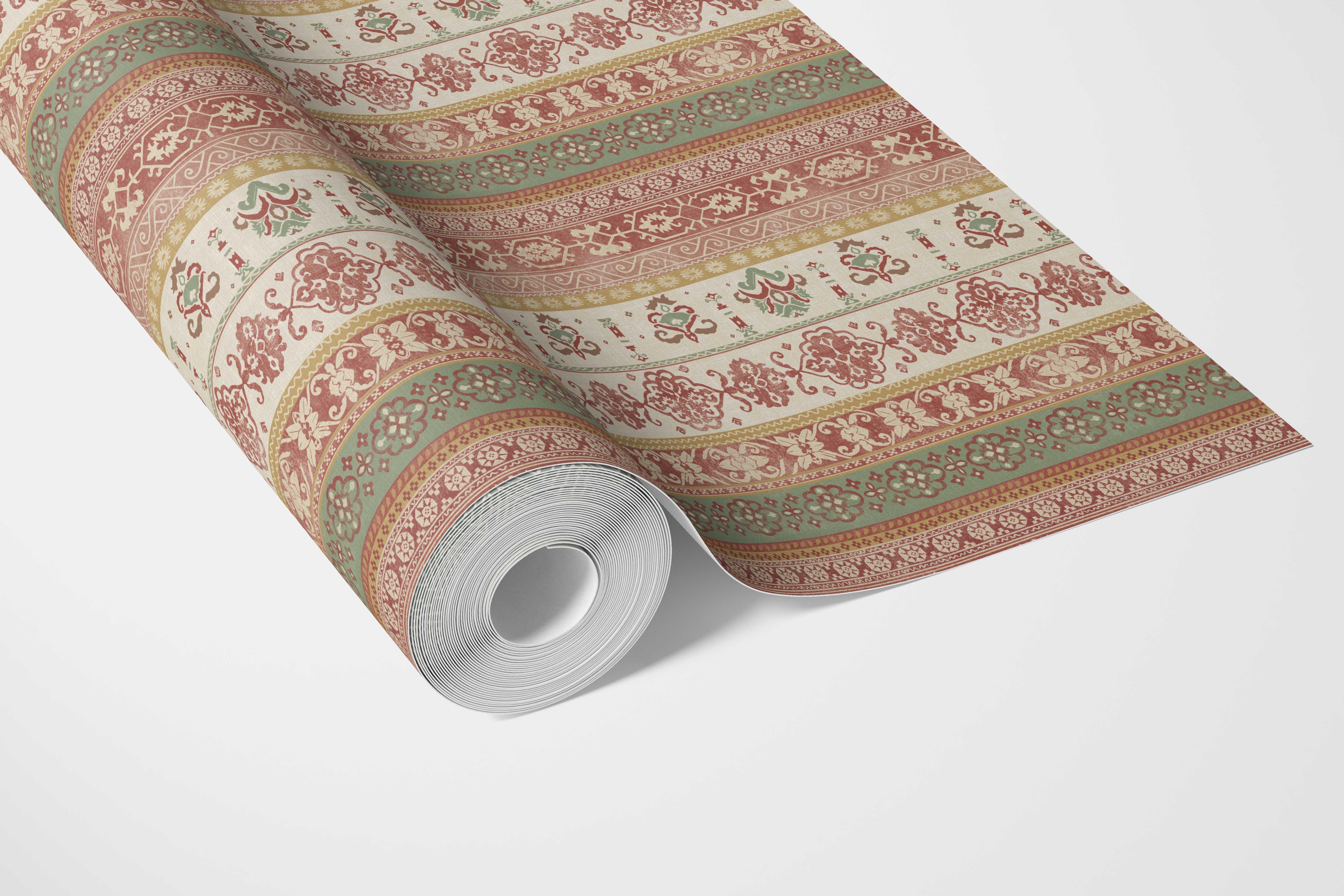 Vintage Bohemian Striped Bathroom Wallpaper Sample (Red/ Orange/ Green/ Yellow/ Brown)