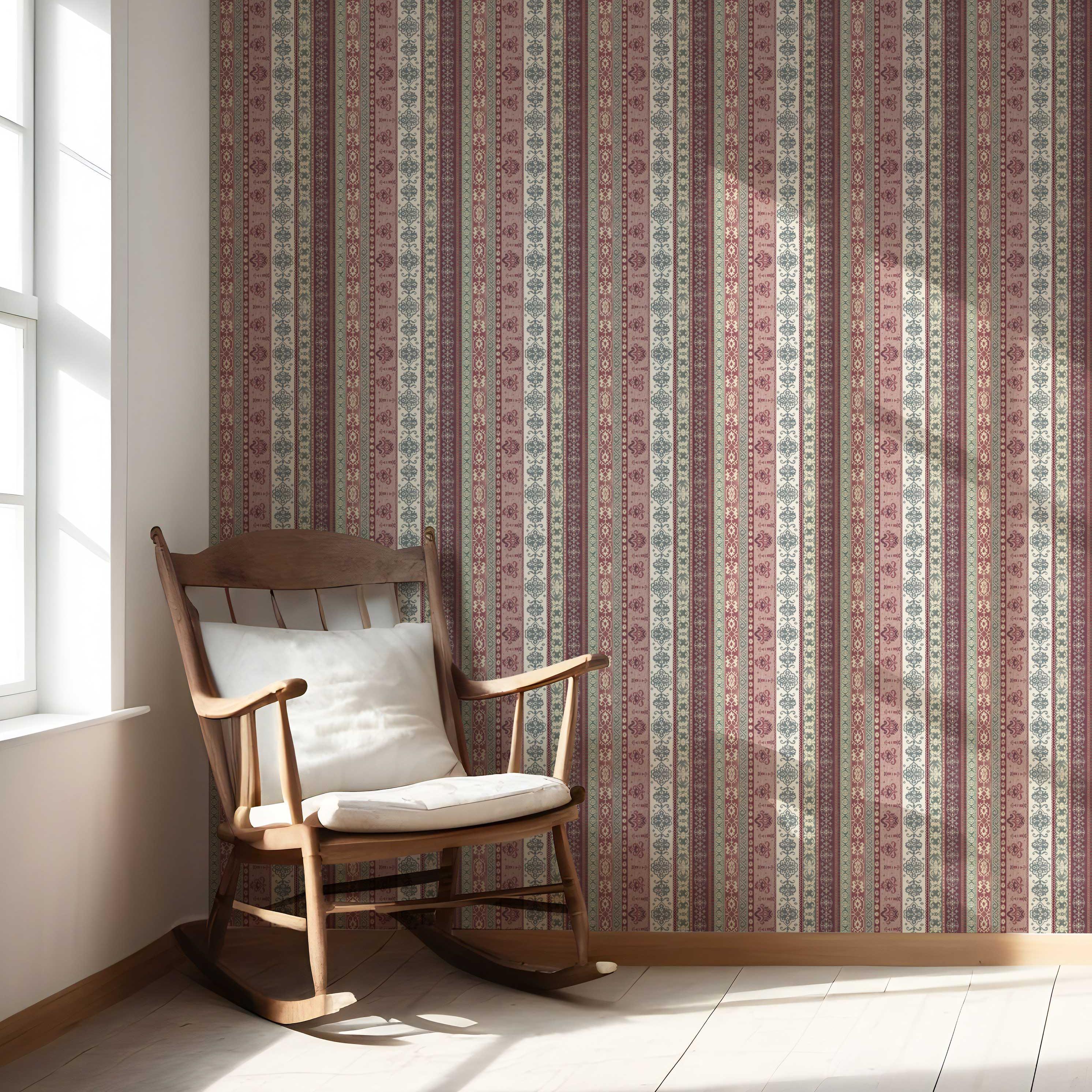 Vintage Bohemian Striped Nursery Wallpaper Sample (Purple/ Pink/ Mauve/ Sage Green)