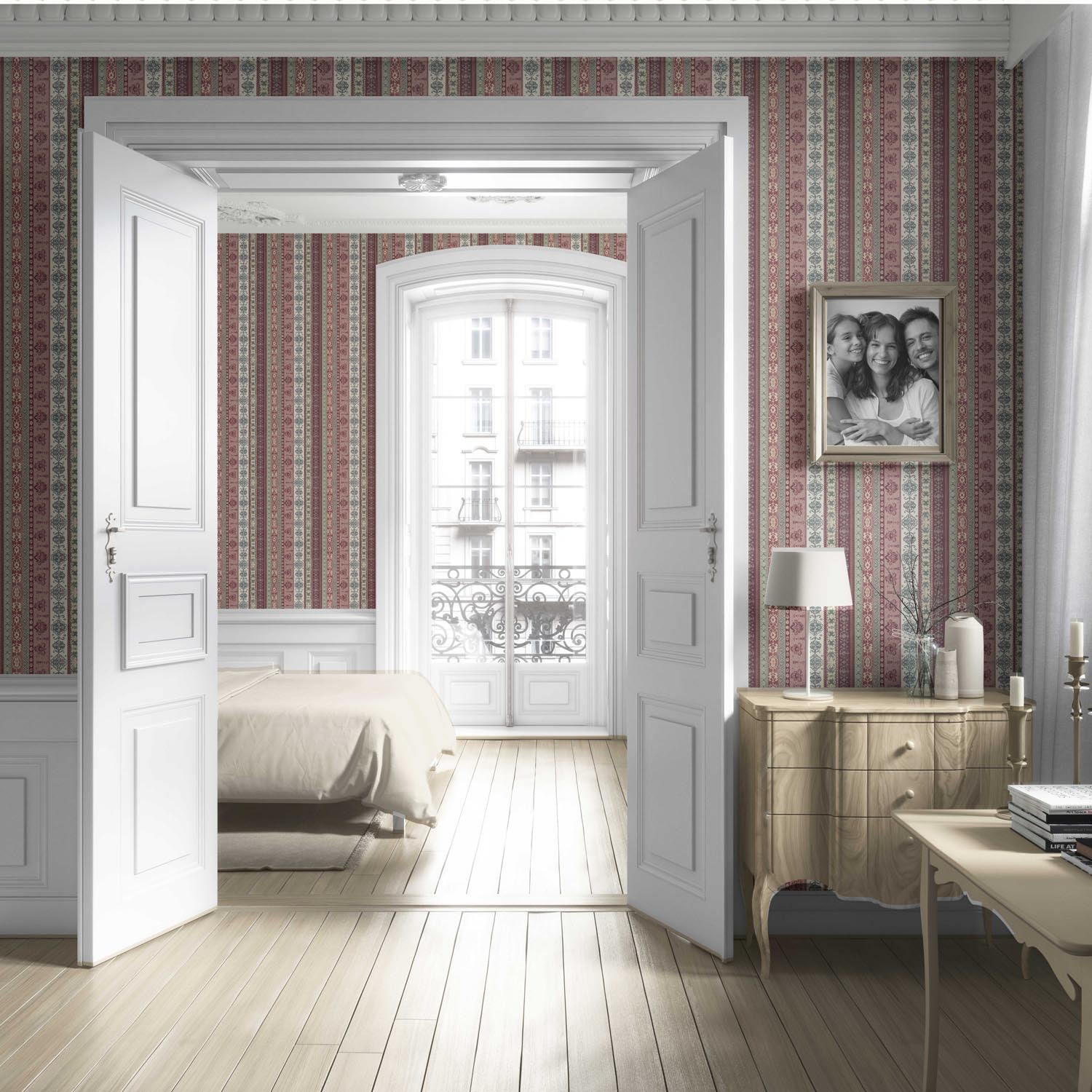 Vintage Bohemian Striped Living Room Wallpaper Sample (Purple/ Pink/ Mauve/ Sage Green)