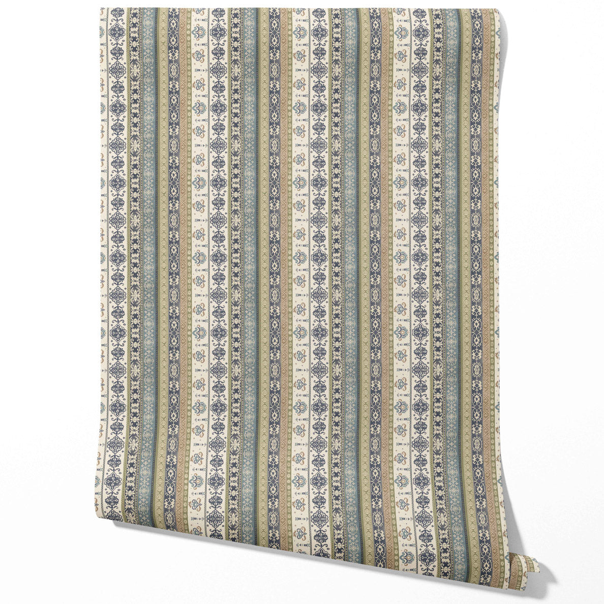 Vintage Bohemian Striped Traditional Wallpaper Sample (Navy Blue/ Olive Green/ Gray/ Brown)