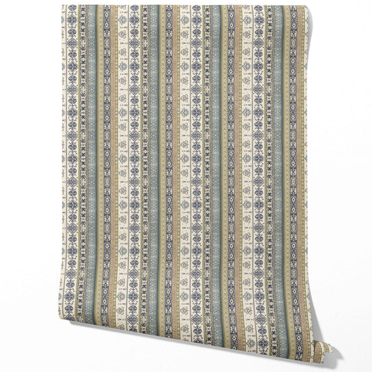 Vintage Bohemian Striped Traditional Wallpaper Sample (Navy Blue/ Olive Green/ Gray/ Brown)