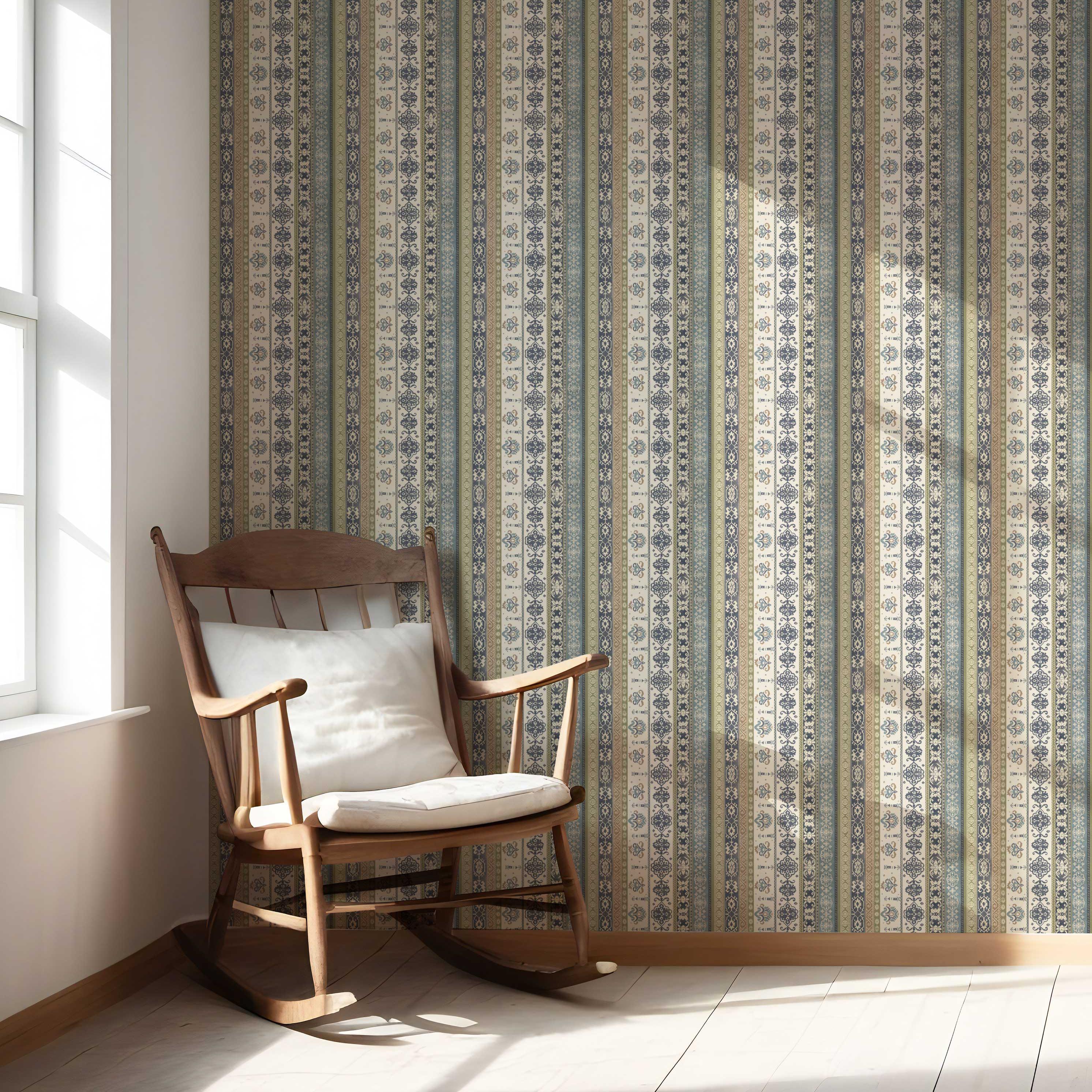 Vintage Bohemian Striped Nursery Wallpaper Sample (Navy Blue/ Olive Green/ Gray/ Brown)