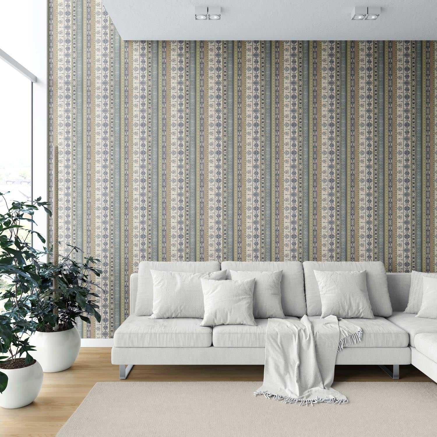 Vintage Bohemian Striped Shower Toilet Wallpaper Sample (Navy Blue/ Olive Green/ Gray/ Brown)
