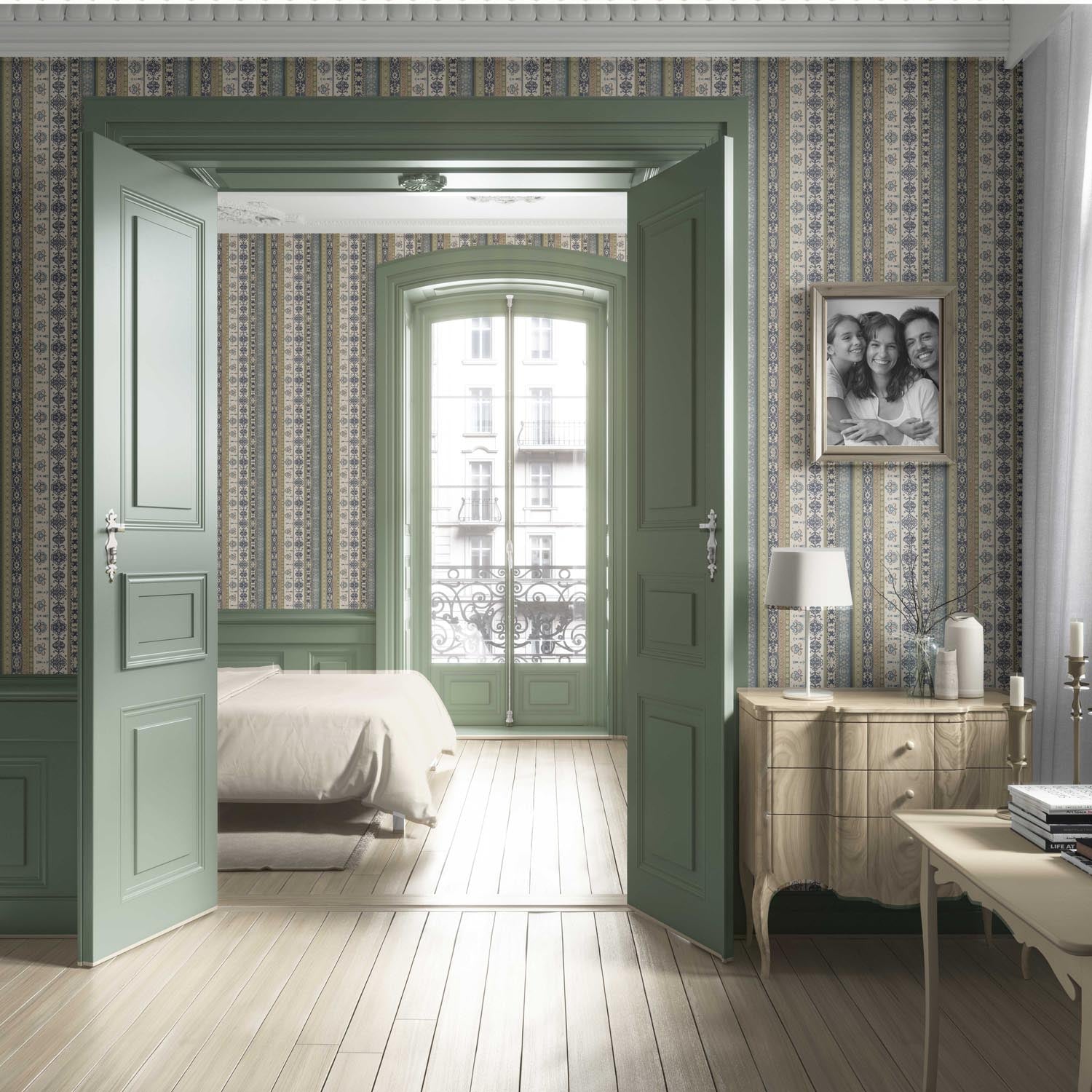 Vintage Bohemian Striped Living Room Wallpaper Sample (Navy Blue/ Olive Green/ Gray/ Brown)