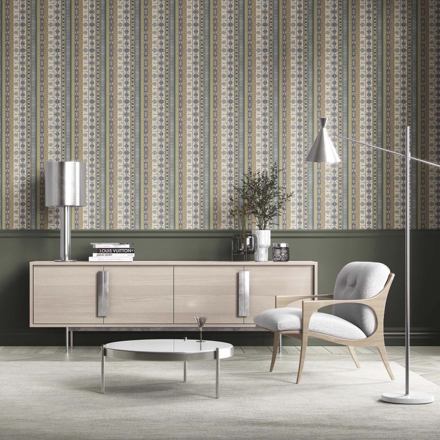 Vintage Bohemian Striped Kitchen Wallpaper Sample (Navy Blue/ Olive Green/ Gray/ Brown)